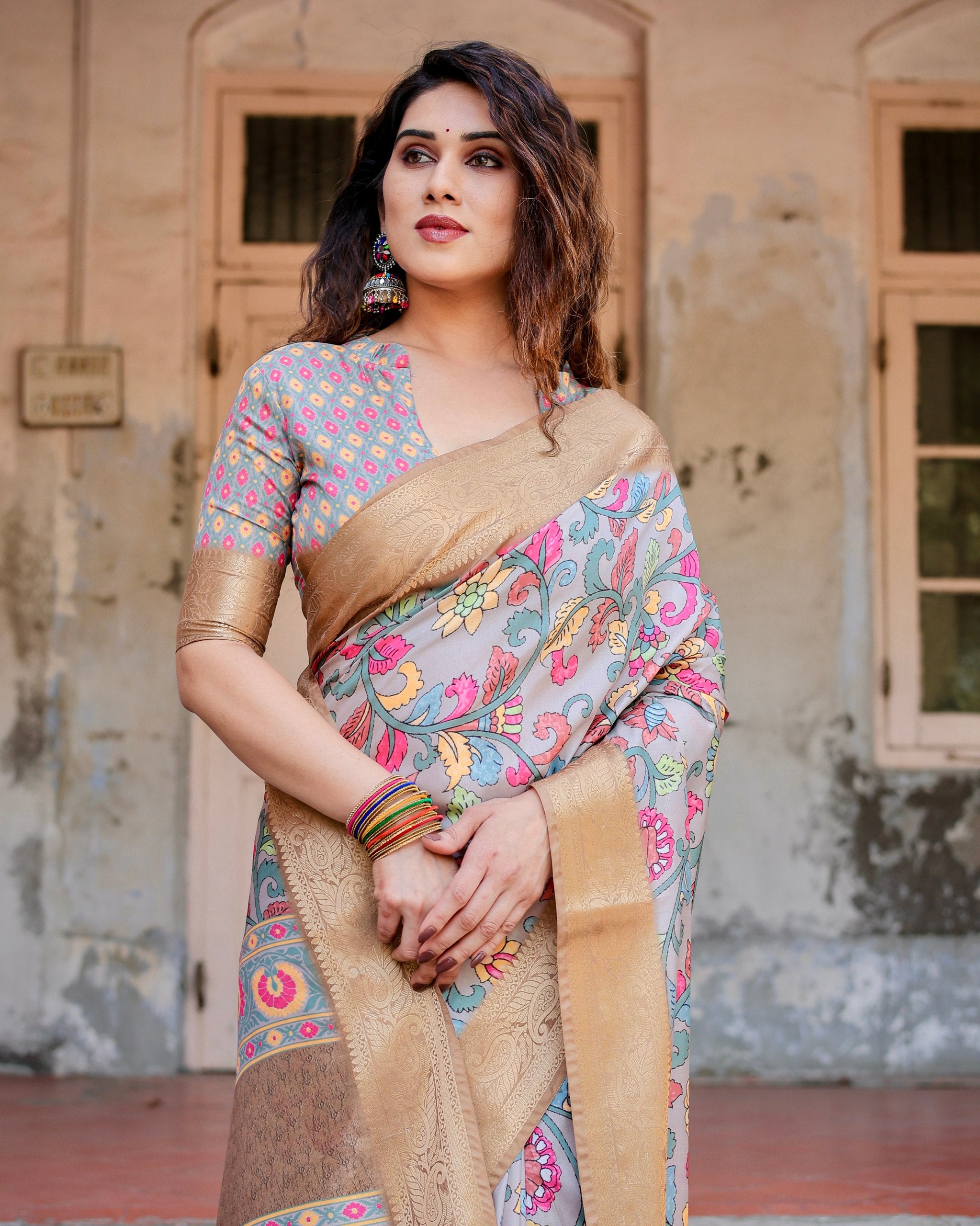 Pure Silk Digital Printed Saree with Brocade Blouse Colorful Saree