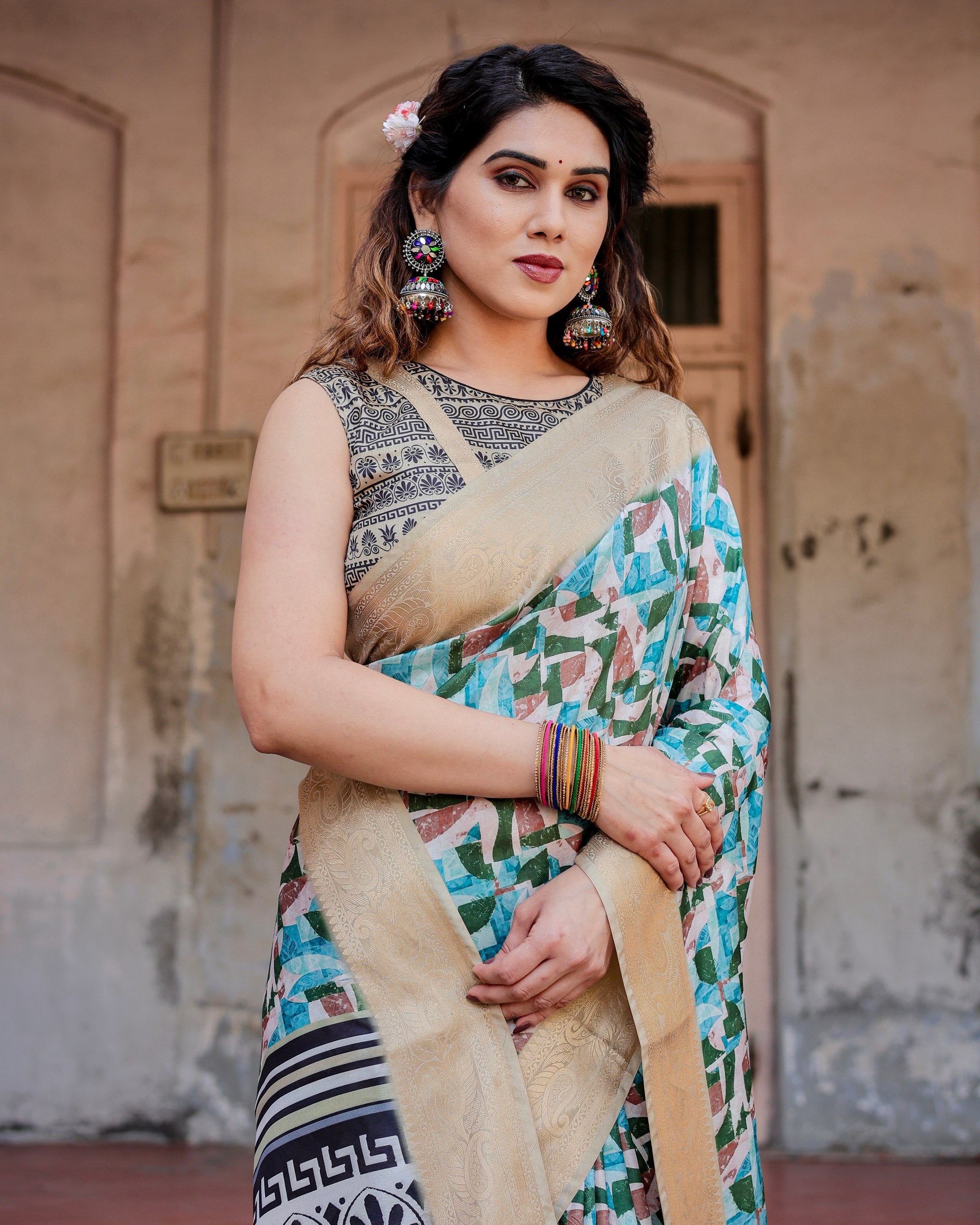 Pure Silk Digital Printed Saree with Brocade Blouse Colorful Saree