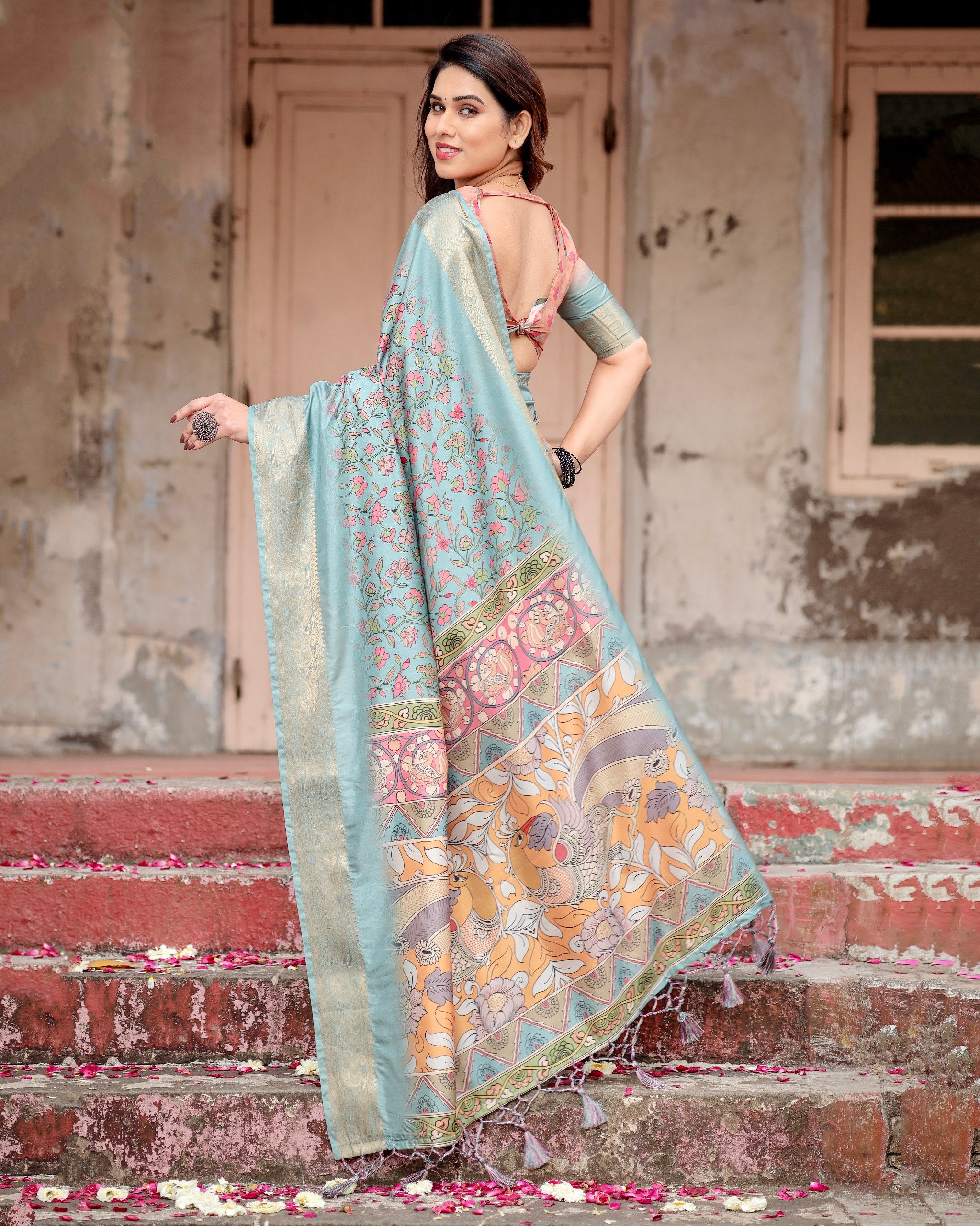 Pure Silk Digital Printed Saree with Brocade Blouse Colorful Saree