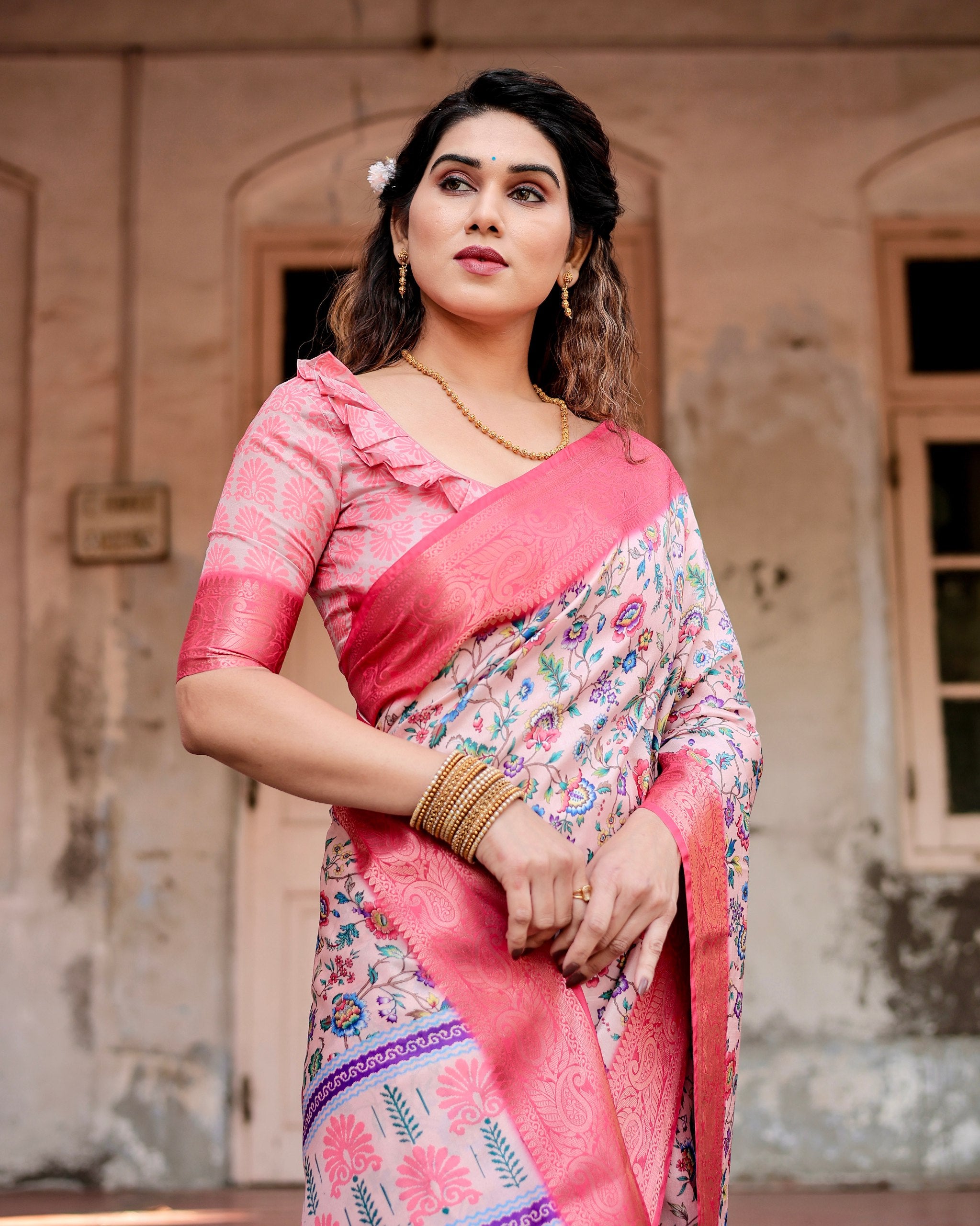 Pure Silk Digital Printed Saree with Brocade Blouse Colorful Saree