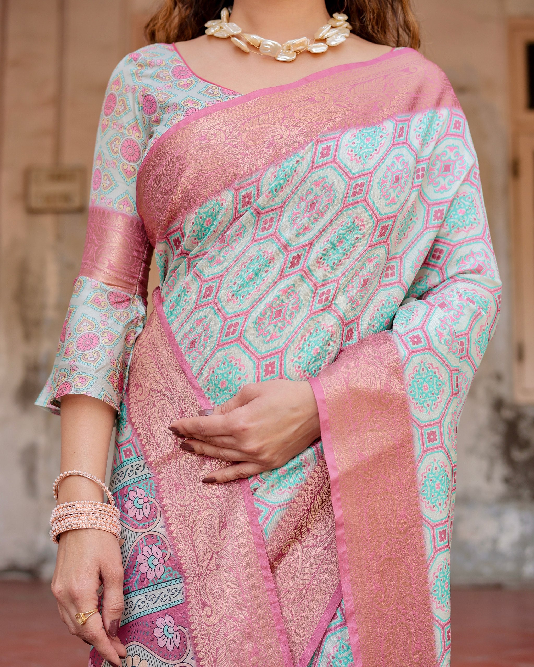 Pure Silk Digital Printed Saree with Brocade Blouse Colorful Saree