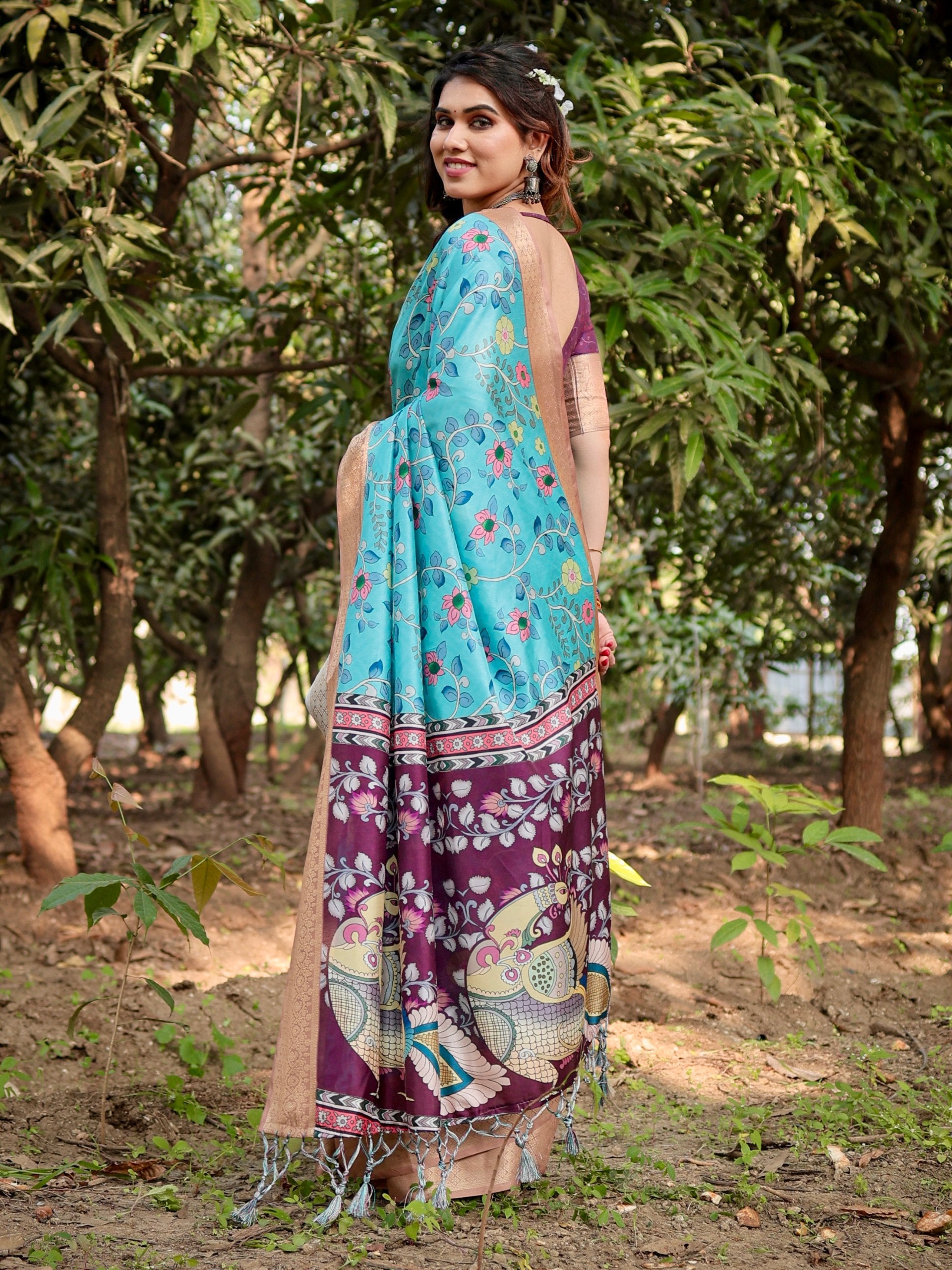 Pure Silk Digital Printed Saree with Brocade Blouse Colorful Saree