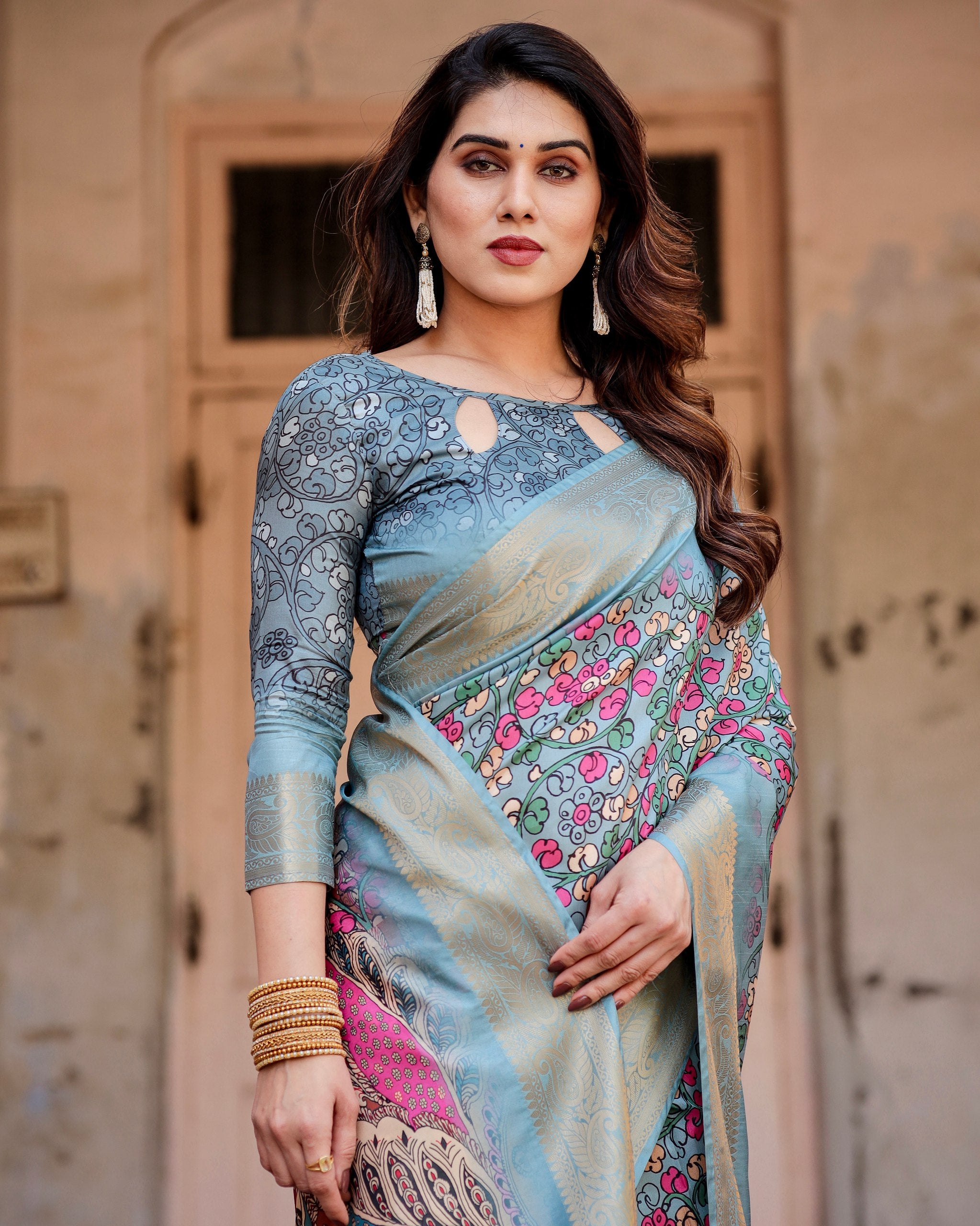 Pure Silk Digital Printed Saree with Brocade Blouse Colorful Saree