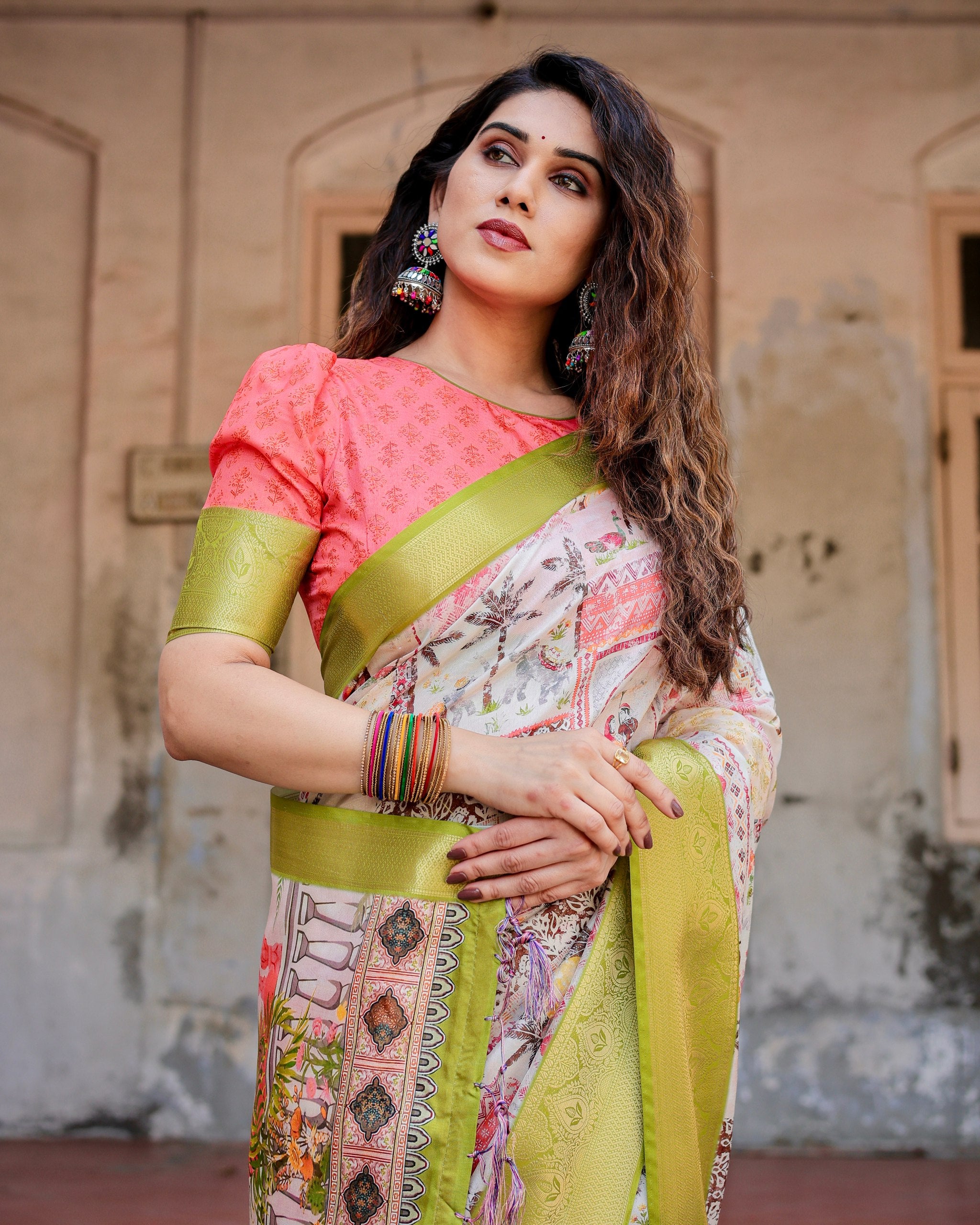 Pure Silk Digital Printed Saree with Brocade Blouse Colorful Saree