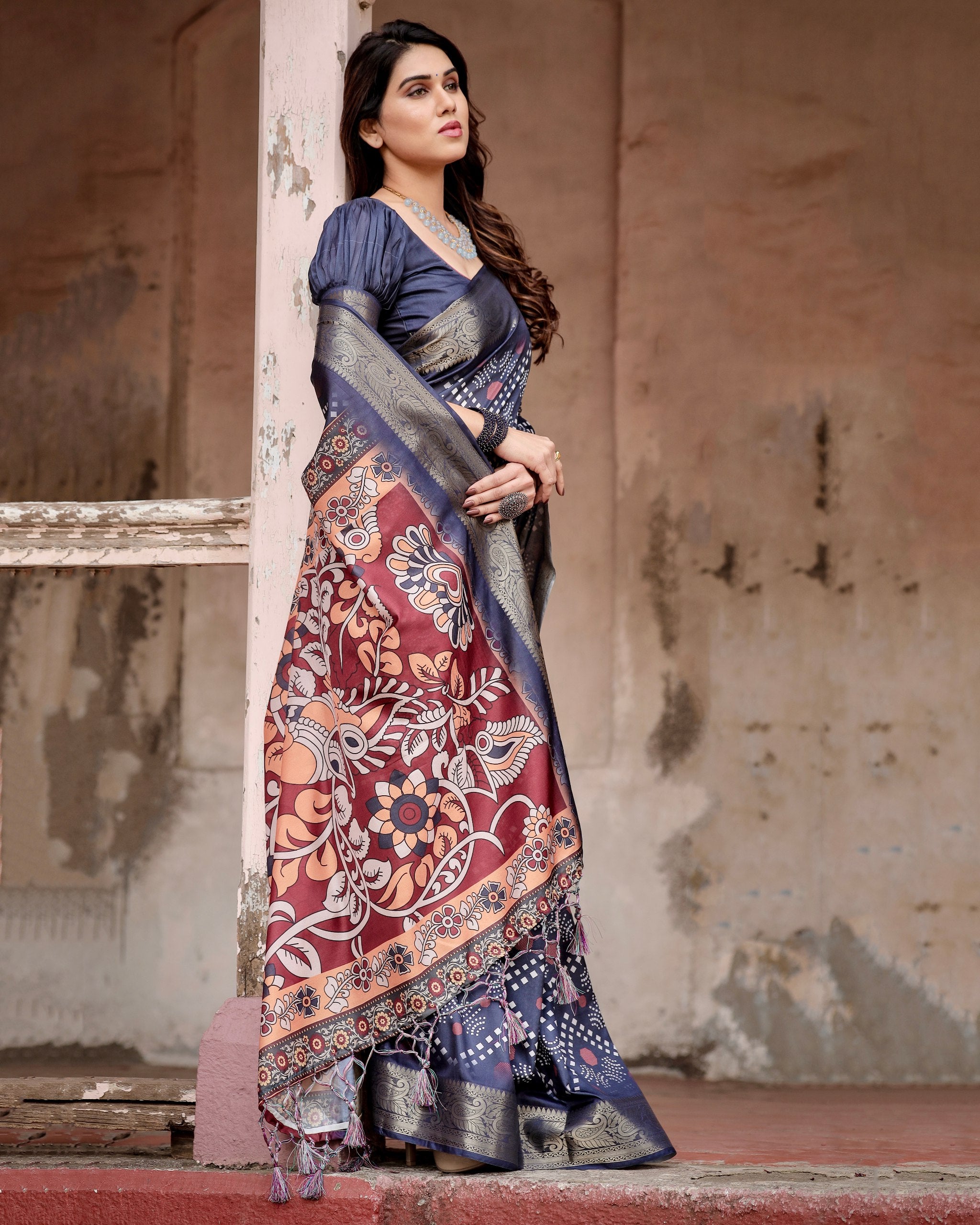 Pure Silk Digital Printed Saree with Brocade Blouse Colorful Saree