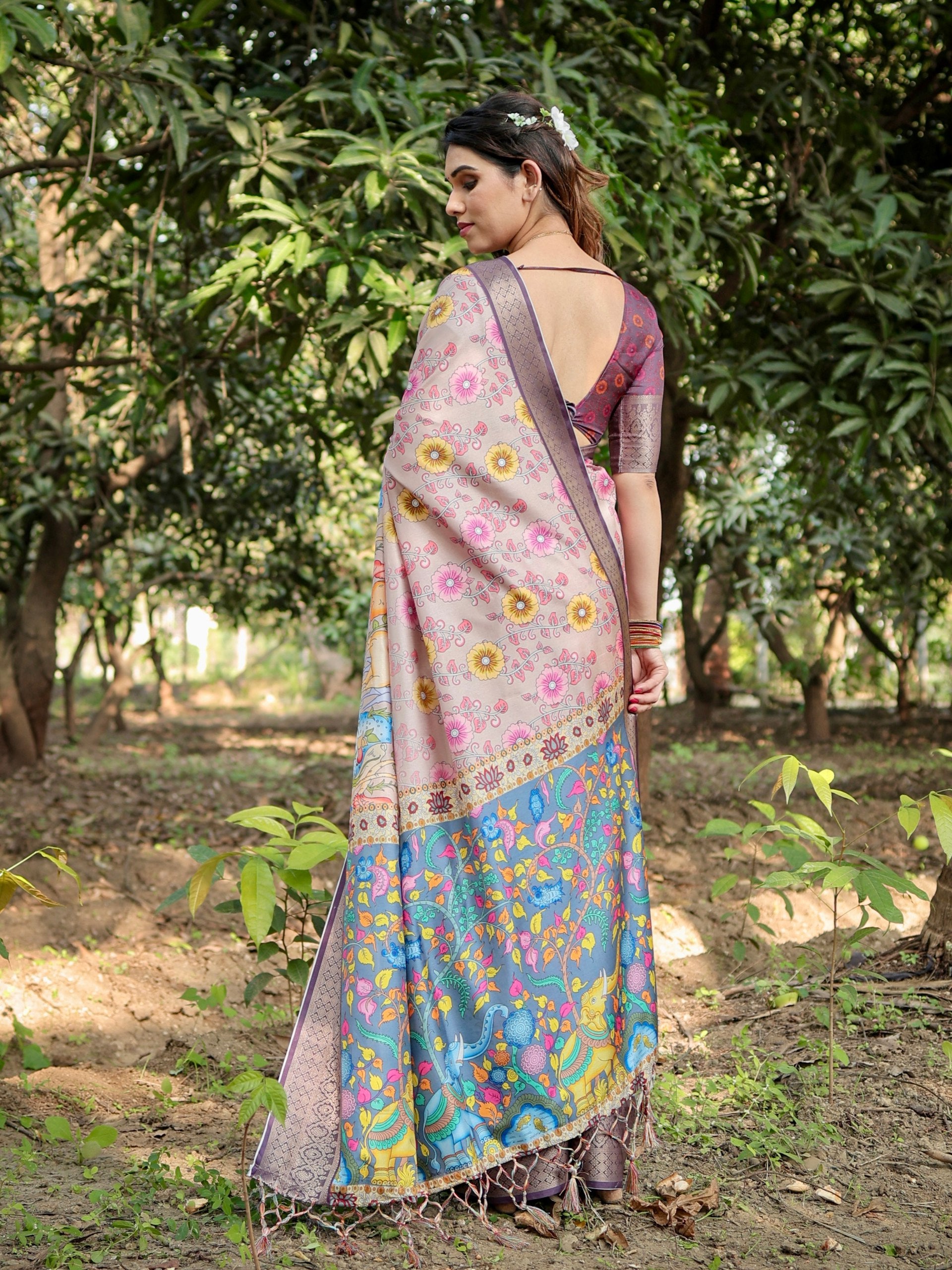 Pure Silk Digital Printed Saree with Brocade Blouse Colorful Saree