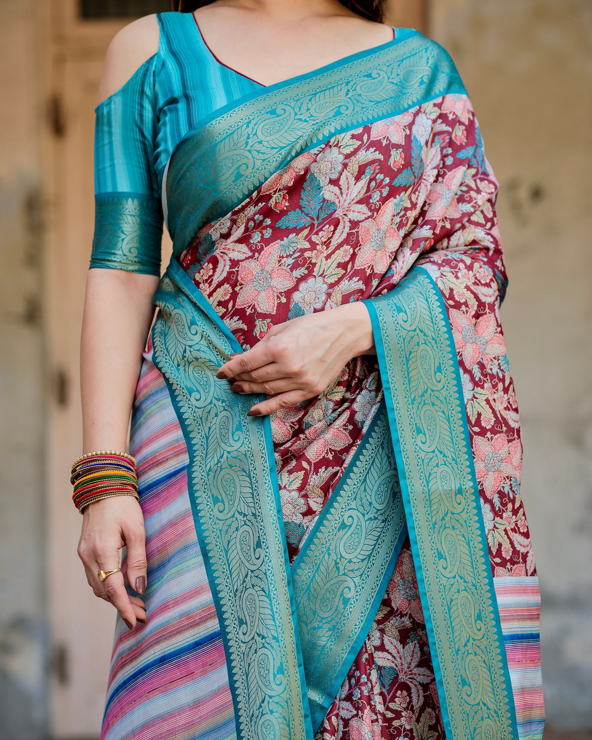 Pure Silk Digital Printed Saree with Brocade Blouse Colorful Saree