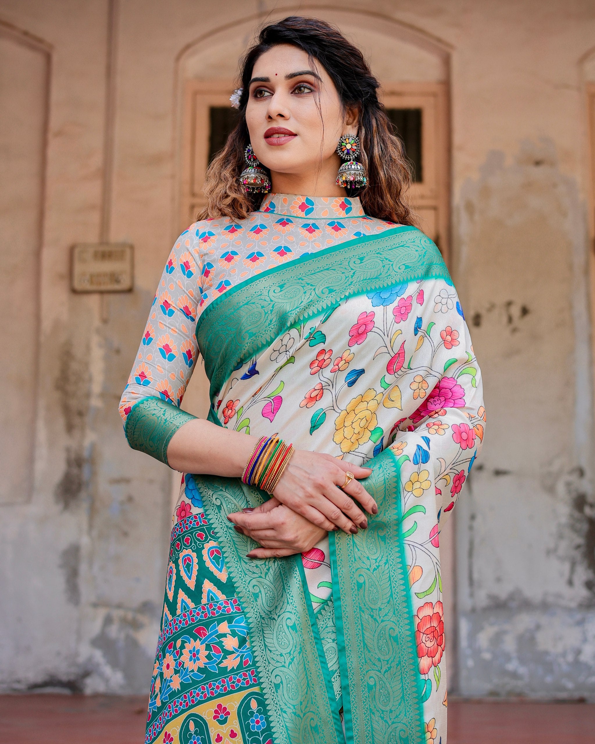 Pure Silk Digital Printed Saree with Brocade Blouse Colorful Saree