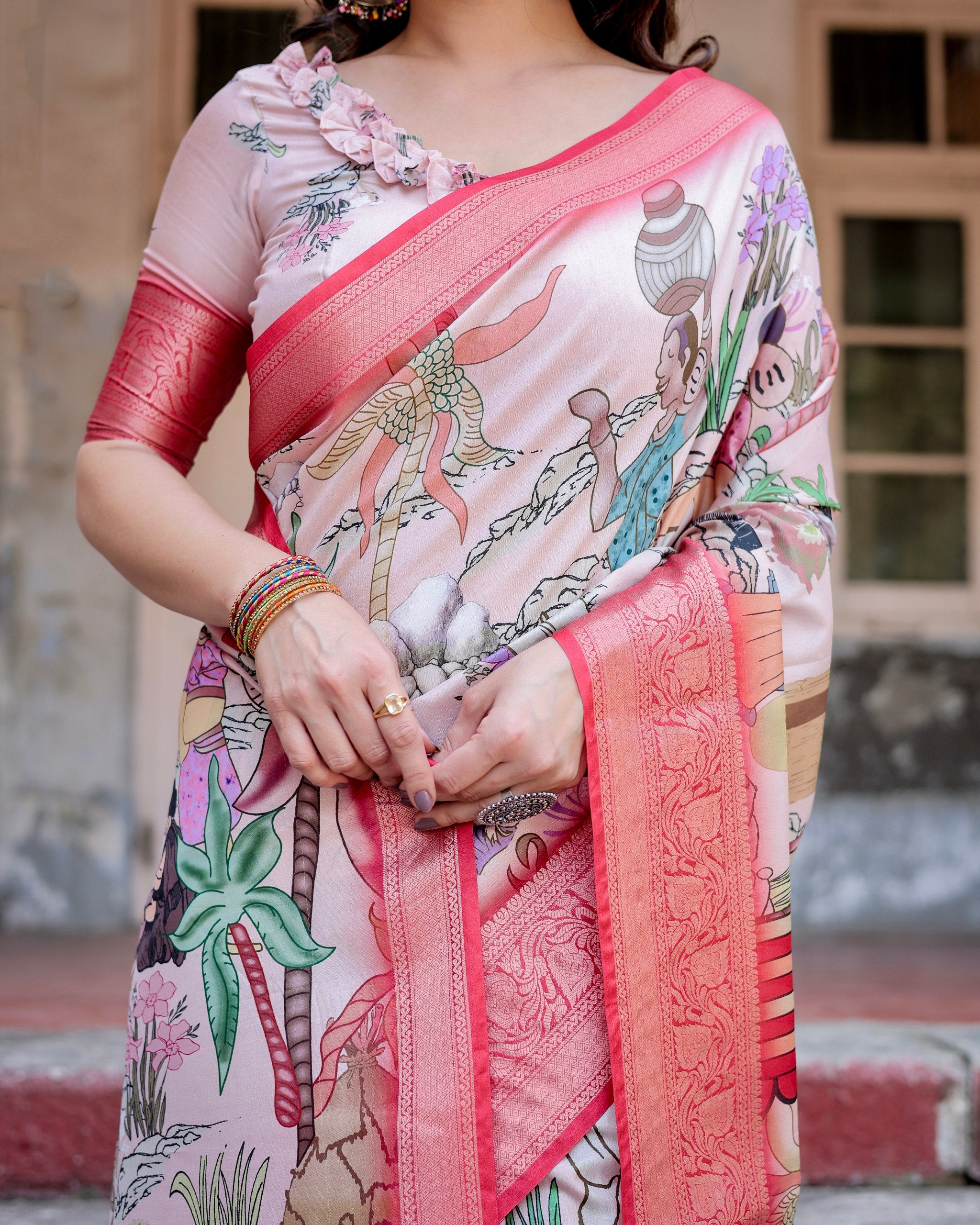 Pure Silk Digital Printed Saree with Brocade Blouse Colorful Saree