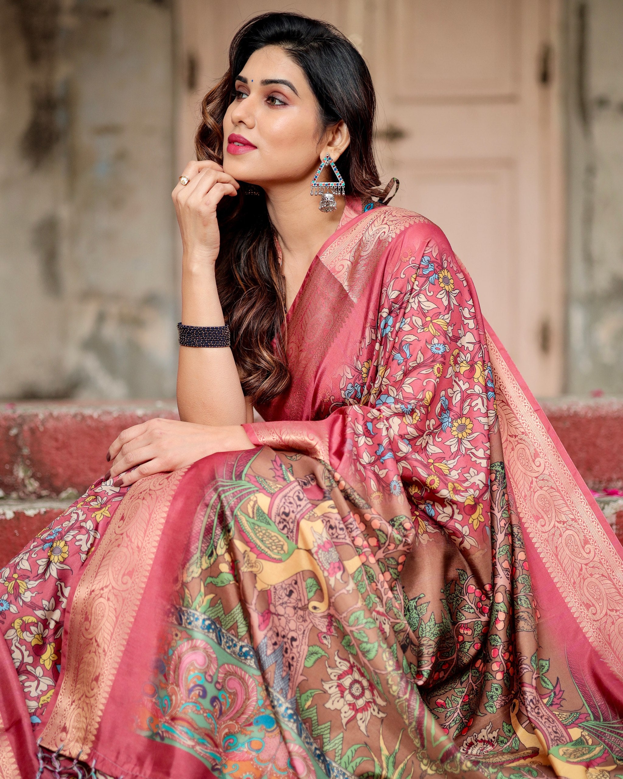 Pure Silk Digital Printed Saree with Brocade Blouse Colorful Saree