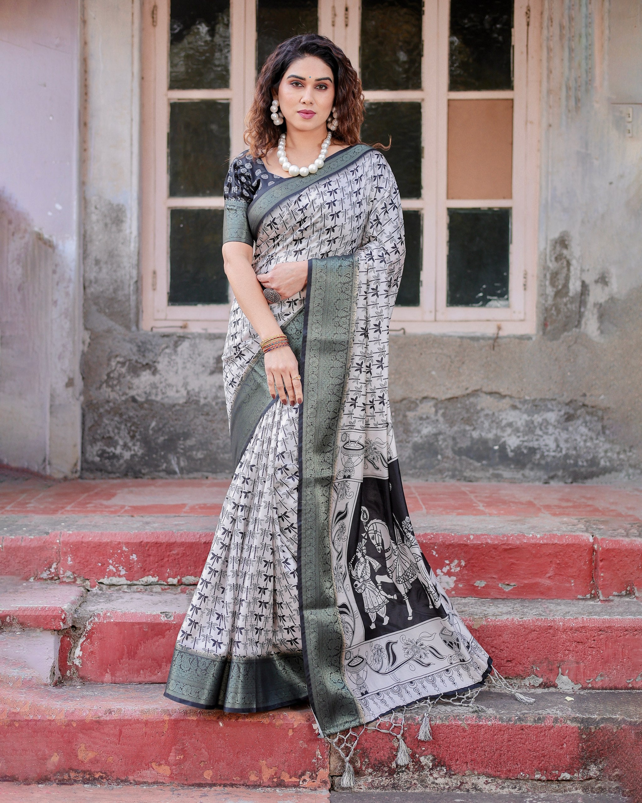 Pure Silk Digital Printed Saree with Brocade Blouse and Enchanting Tassels Colorful Saree