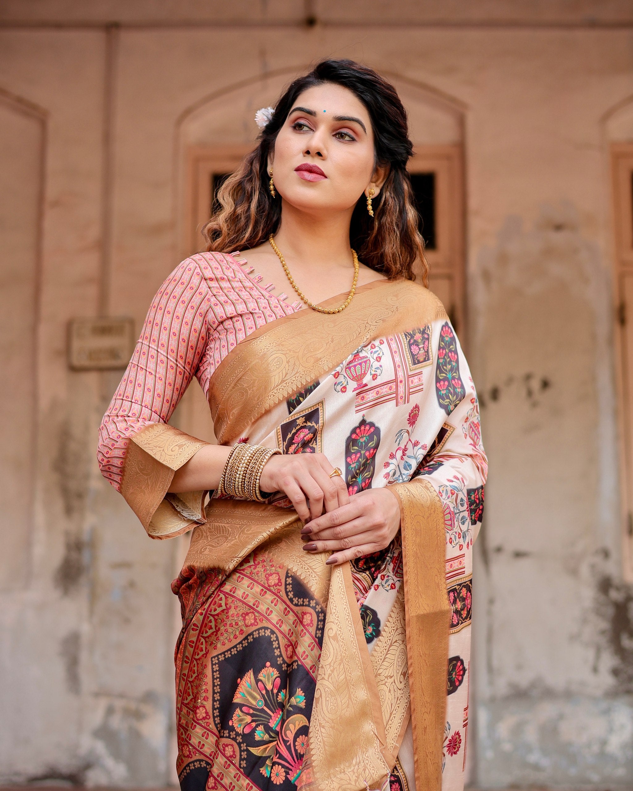 Pure Silk Digital Printed Saree with Brocade Blouse Colorful Saree