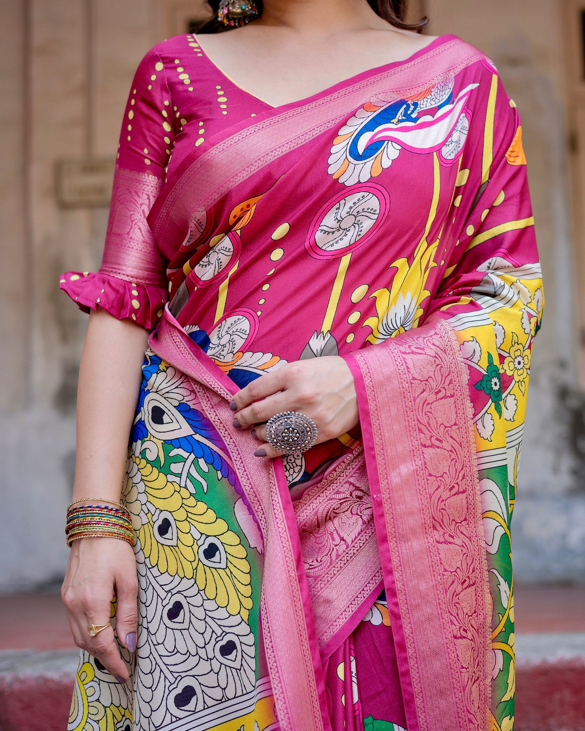 Pure Silk Digital Printed Saree with Brocade Blouse Colorful Saree