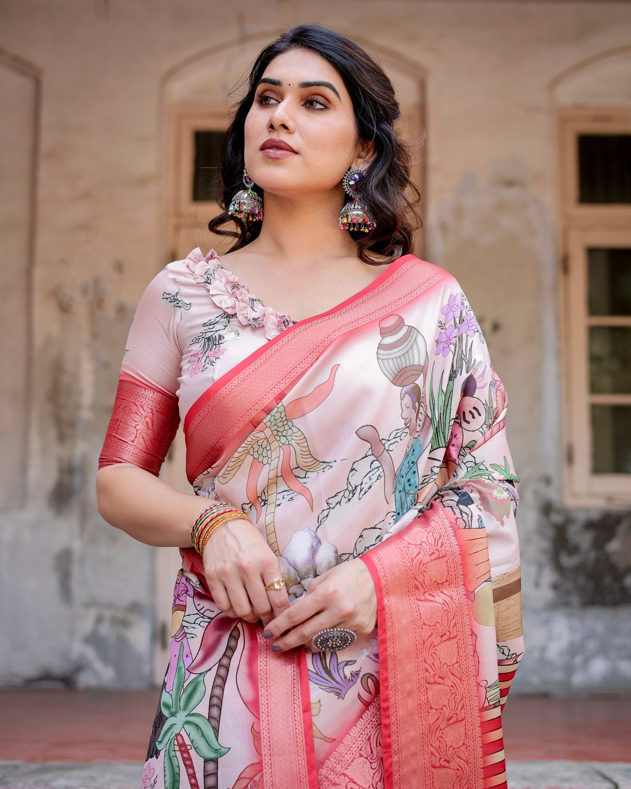 Pure Silk Digital Printed Saree with Brocade Blouse Colorful Saree