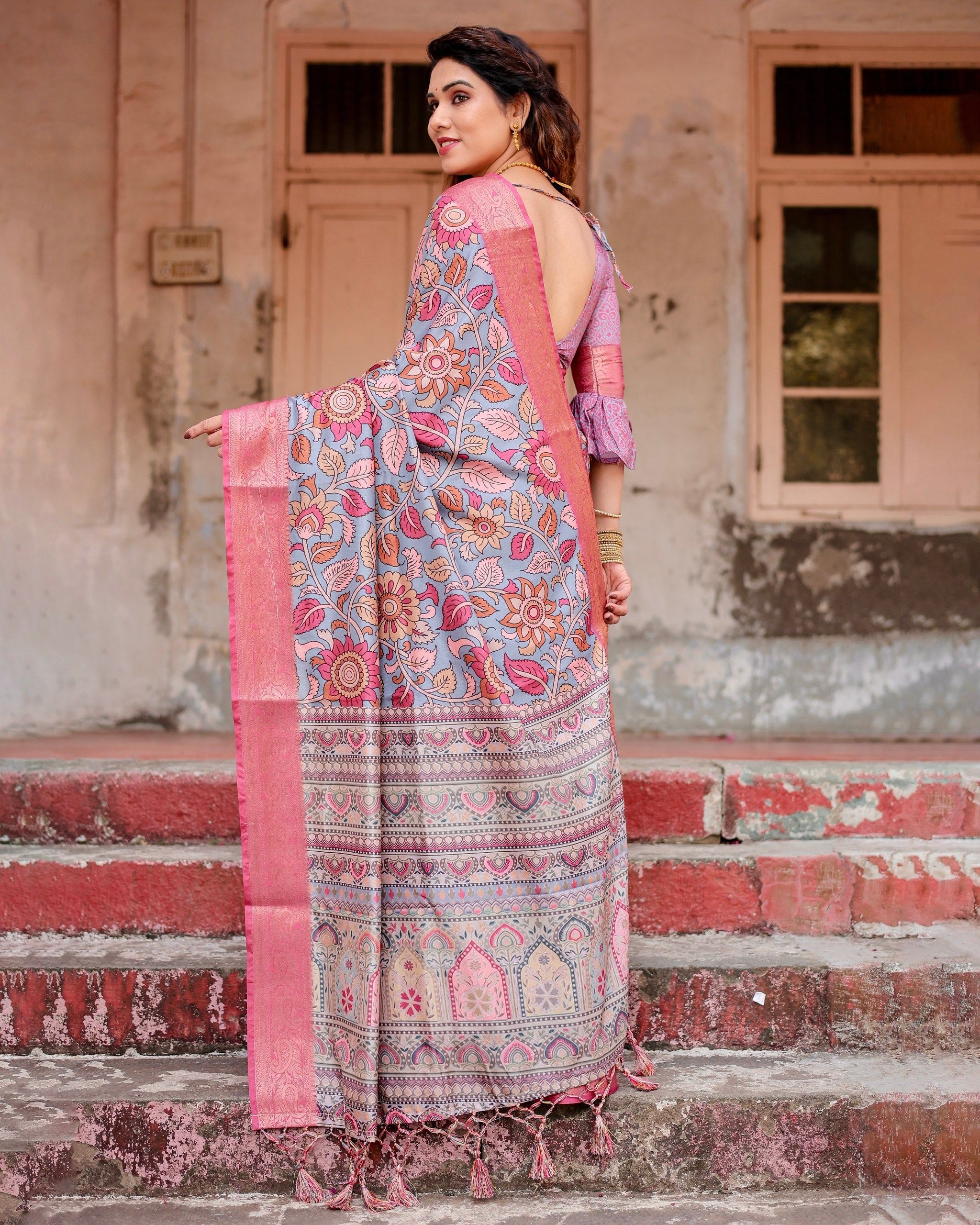 Pure Silk Digital Printed Saree with Brocade Blouse Colorful Saree