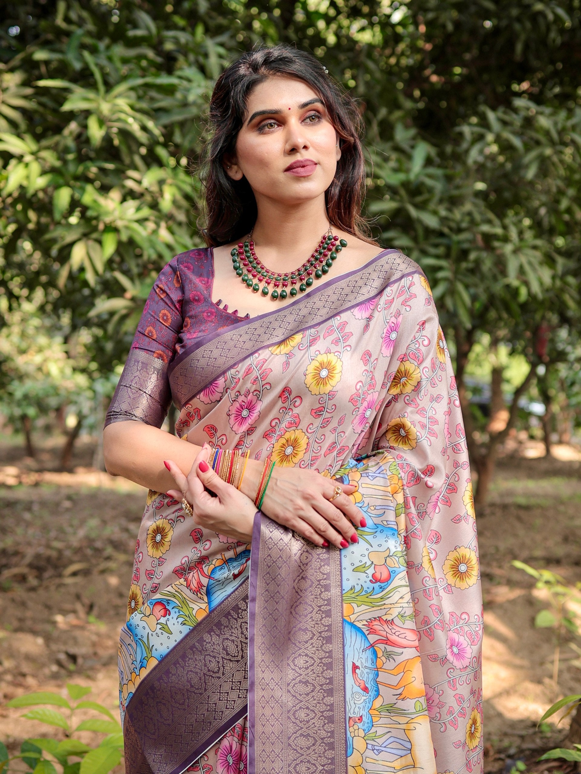 Pure Silk Digital Printed Saree with Brocade Blouse Colorful Saree