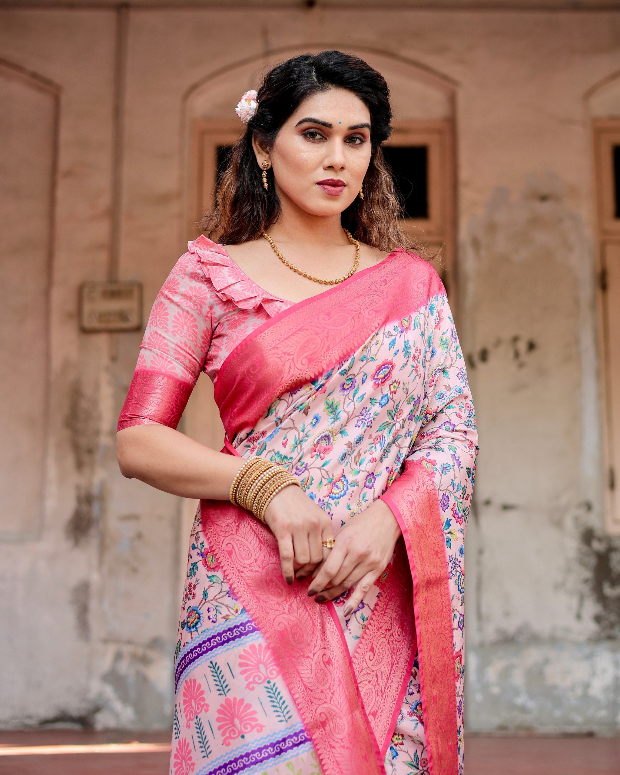 Pure Silk Digital Printed Saree with Brocade Blouse Colorful Saree