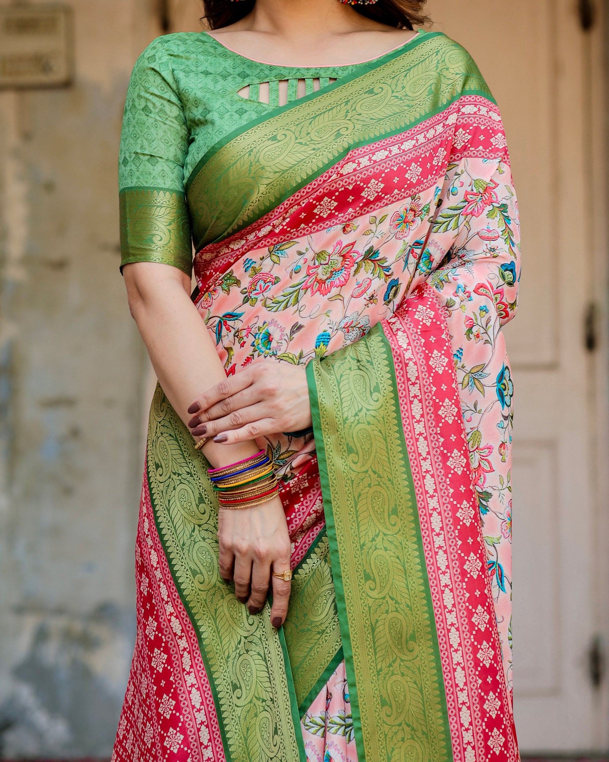 Pure Silk Digital Printed Saree with Brocade Blouse Colorful Saree