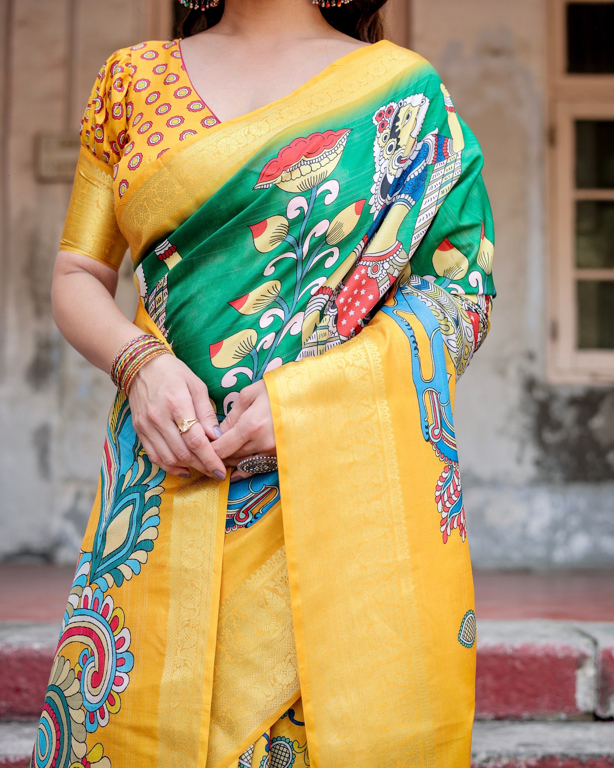 Pure Silk Digital Printed Saree with Brocade Blouse Colorful Saree