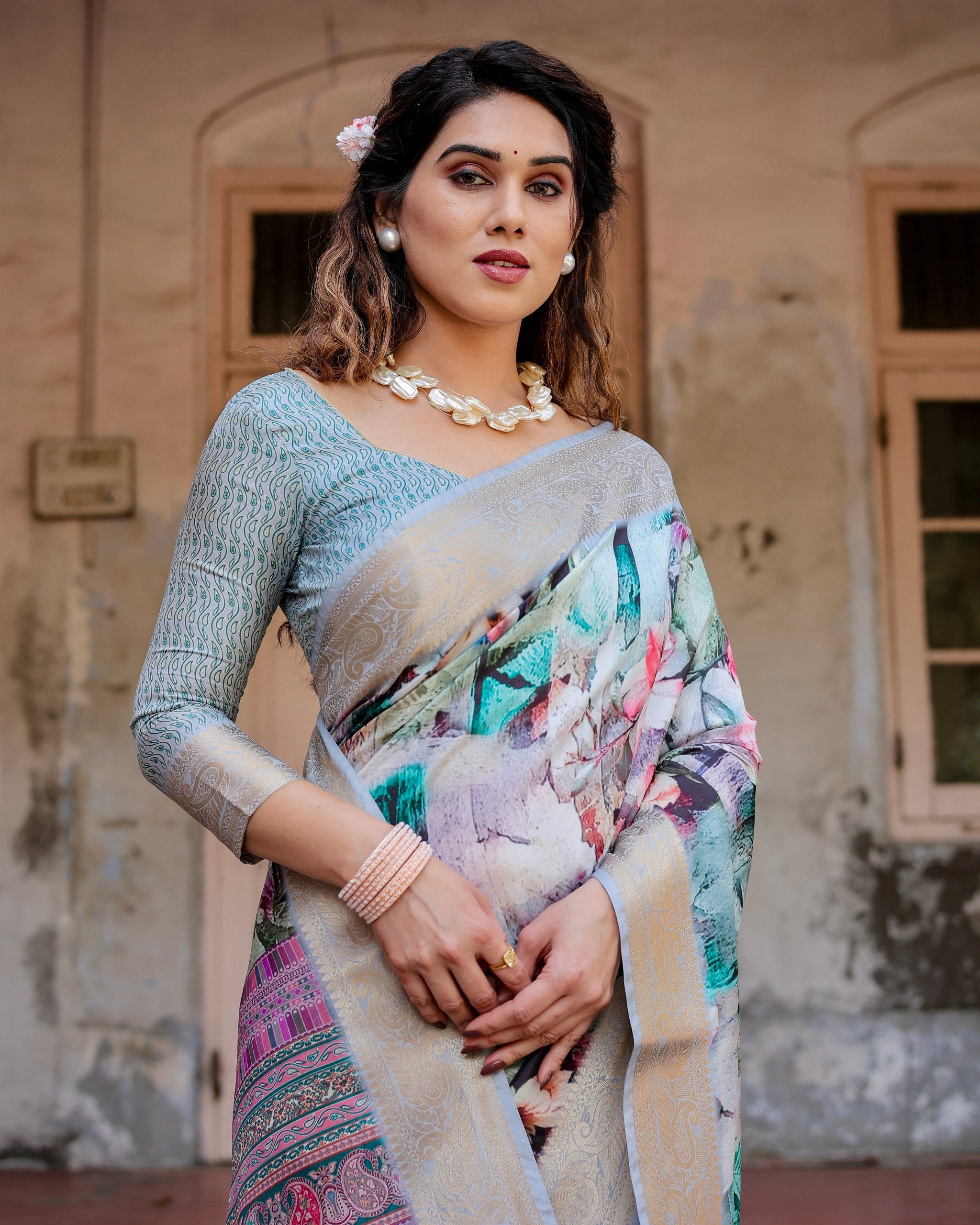 Pure Silk Digital Printed Saree with Brocade Blouse Colorful Saree