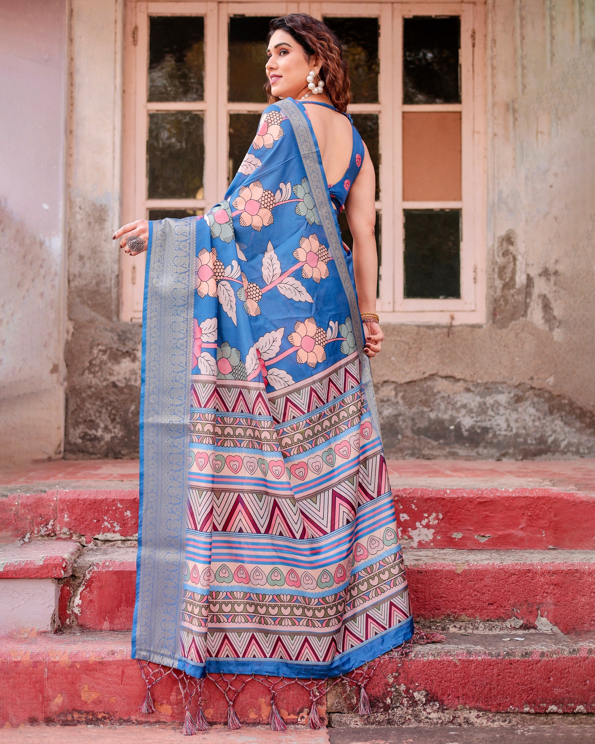 Pure Silk Digital Printed Saree with Brocade Blouse Colorful Saree