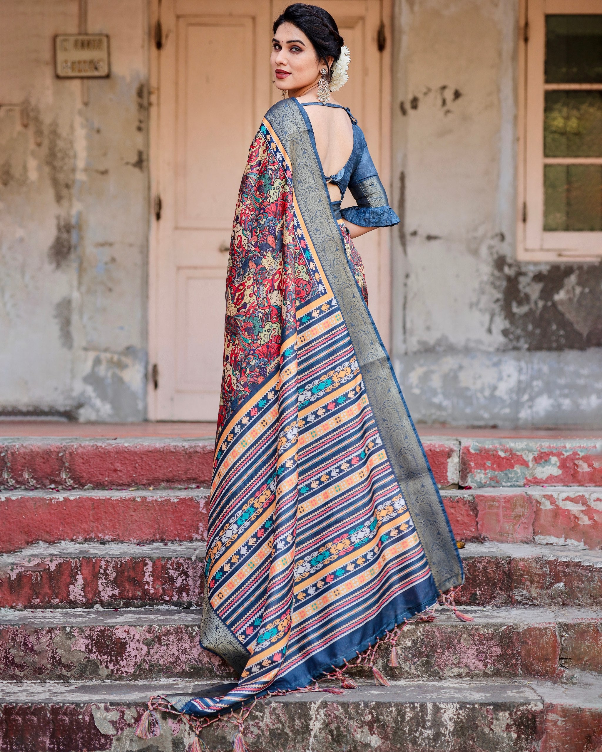 Pure Silk Digital Printed Saree with Brocade Blouse Colorful Saree