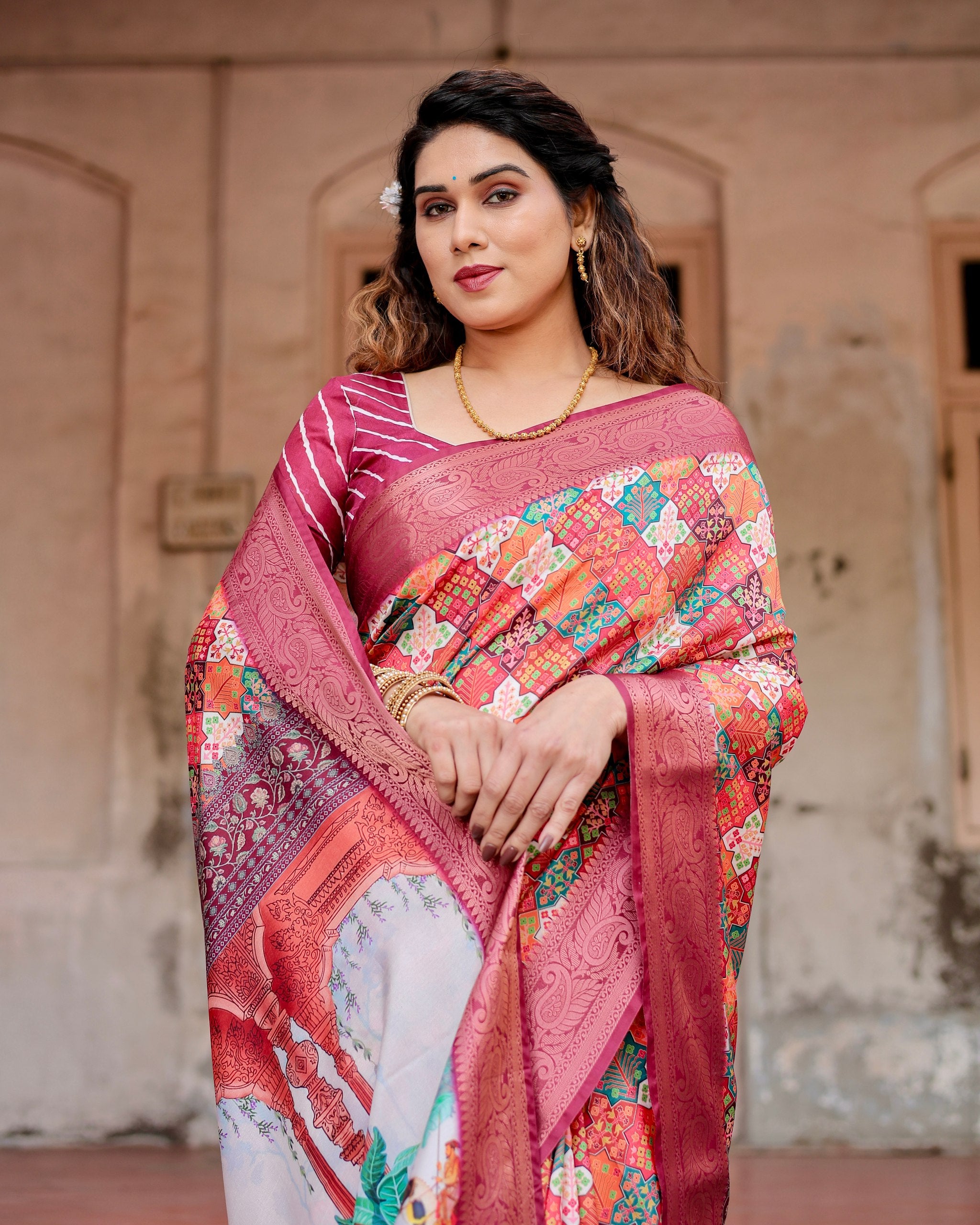 Pure Silk Digital Printed Saree with Brocade Blouse Colorful Saree