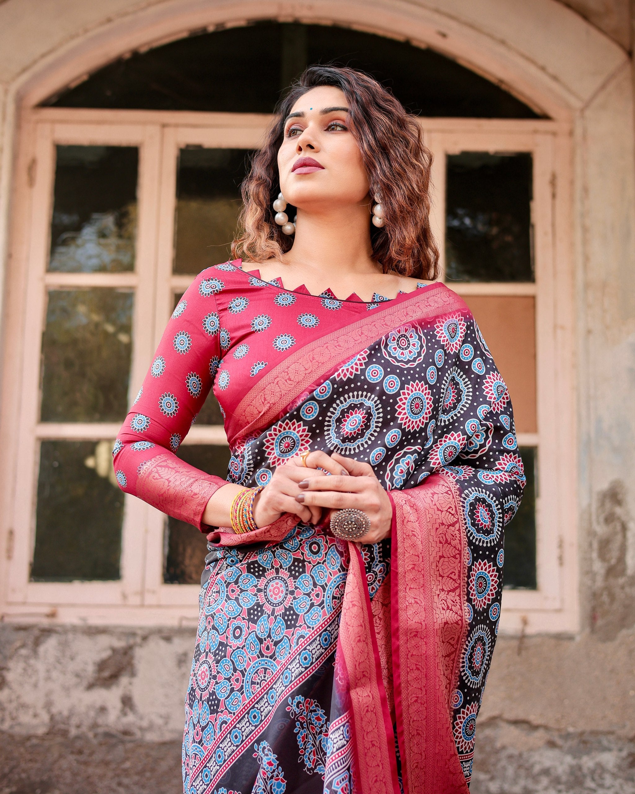 Pure Silk Digital Printed Saree with Brocade Blouse Colorful Saree