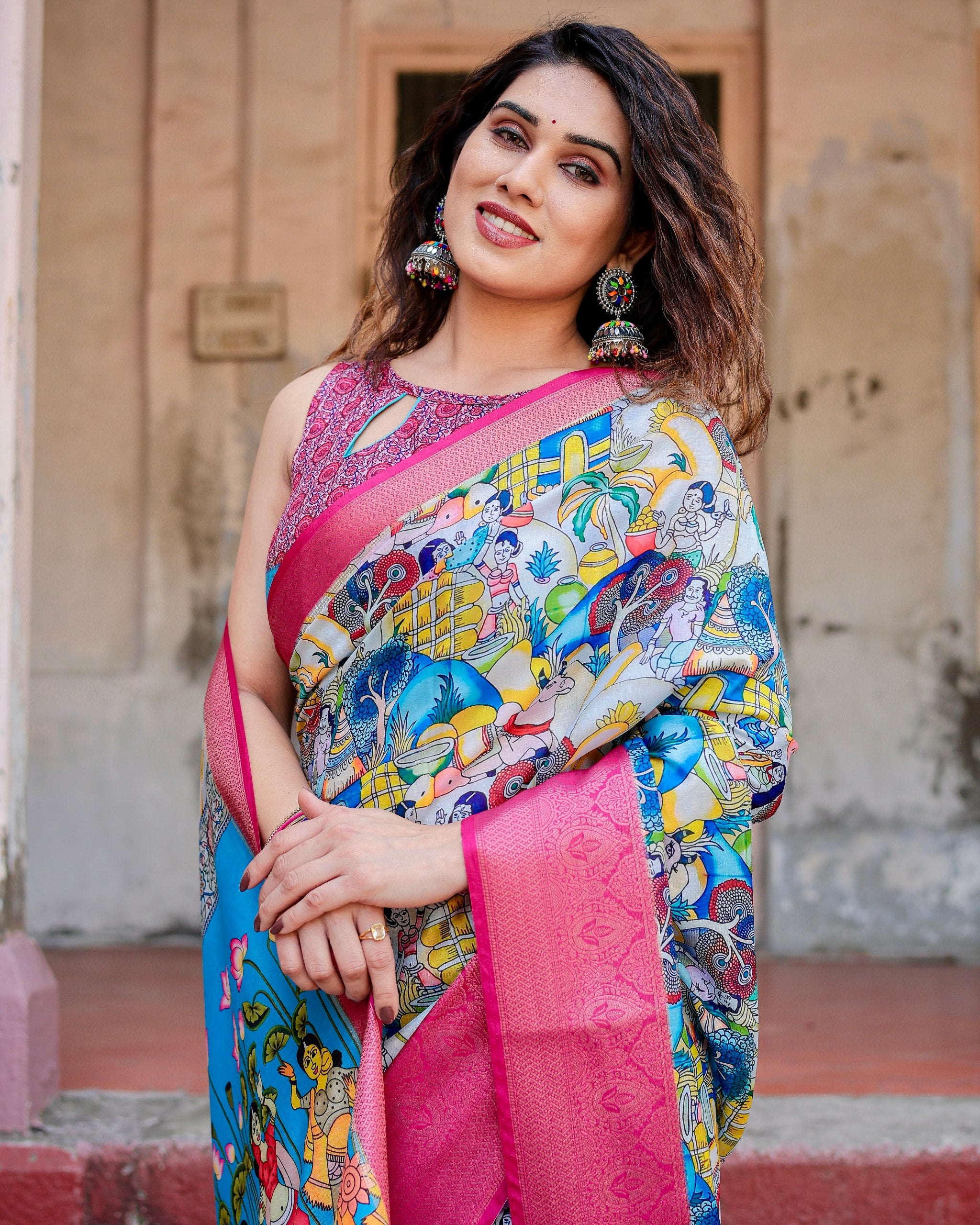 Pure Silk Digital Printed Saree with Brocade Blouse Colorful Saree