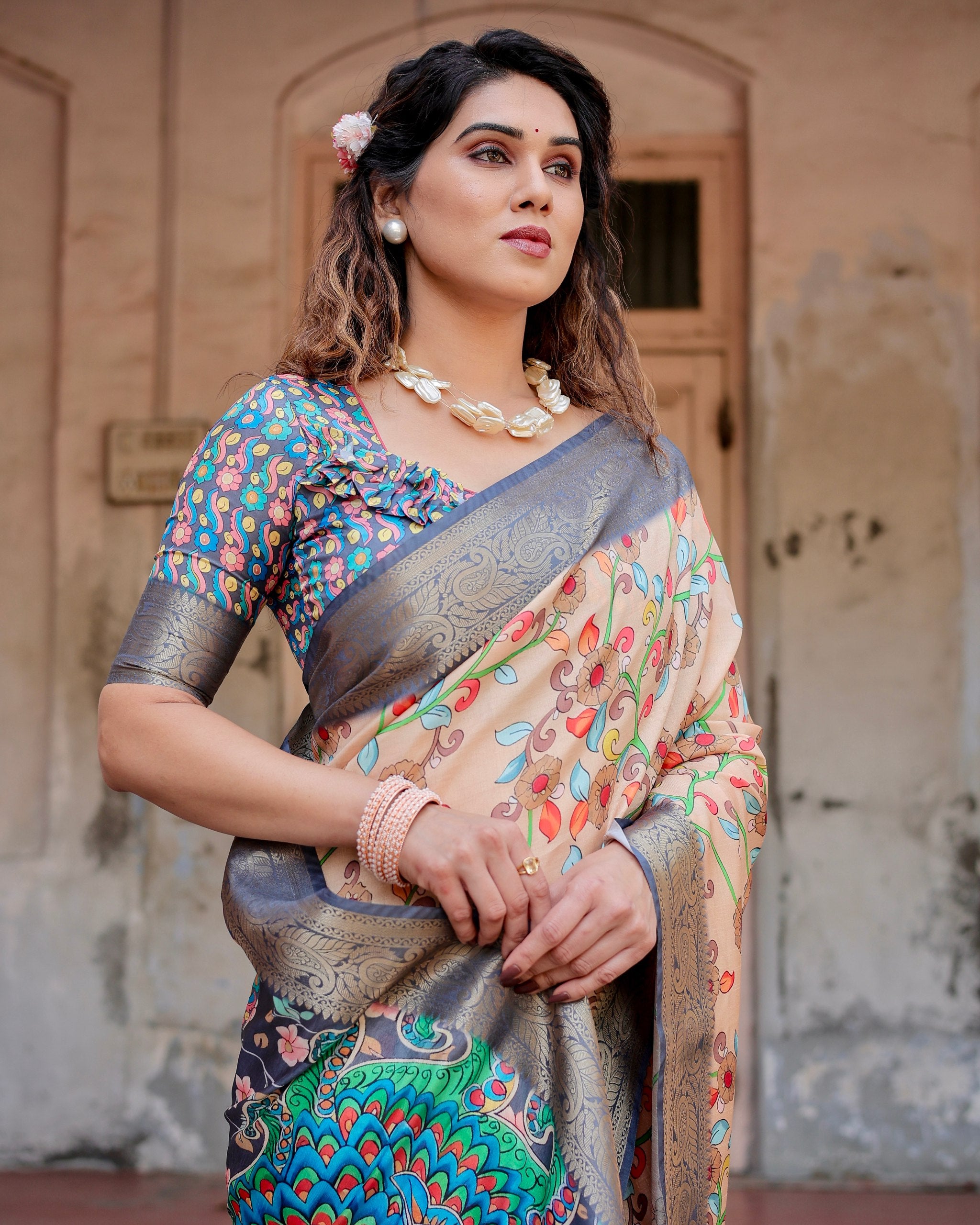 Pure Silk Digital Printed Saree with Brocade Blouse Colorful Saree