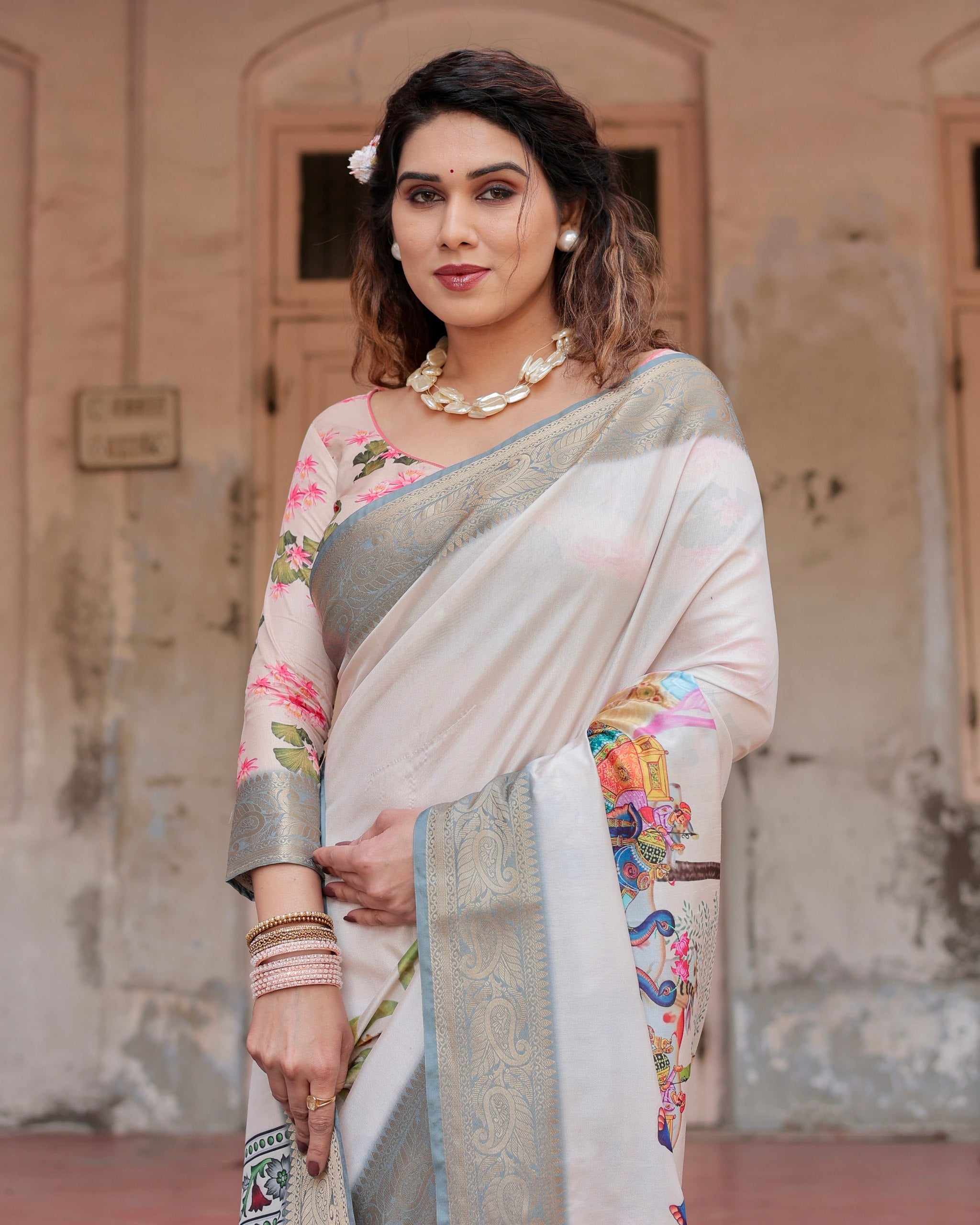 Pure Silk Digital Printed Saree with Brocade Blouse Colorful Saree