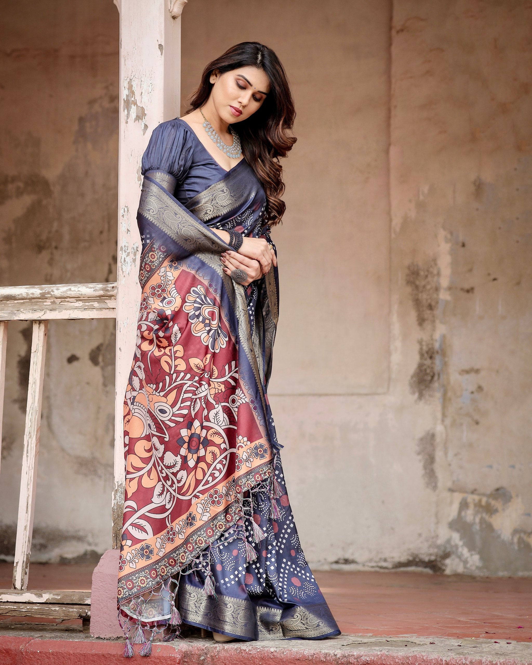 Pure Silk Digital Printed Saree with Brocade Blouse Colorful Saree