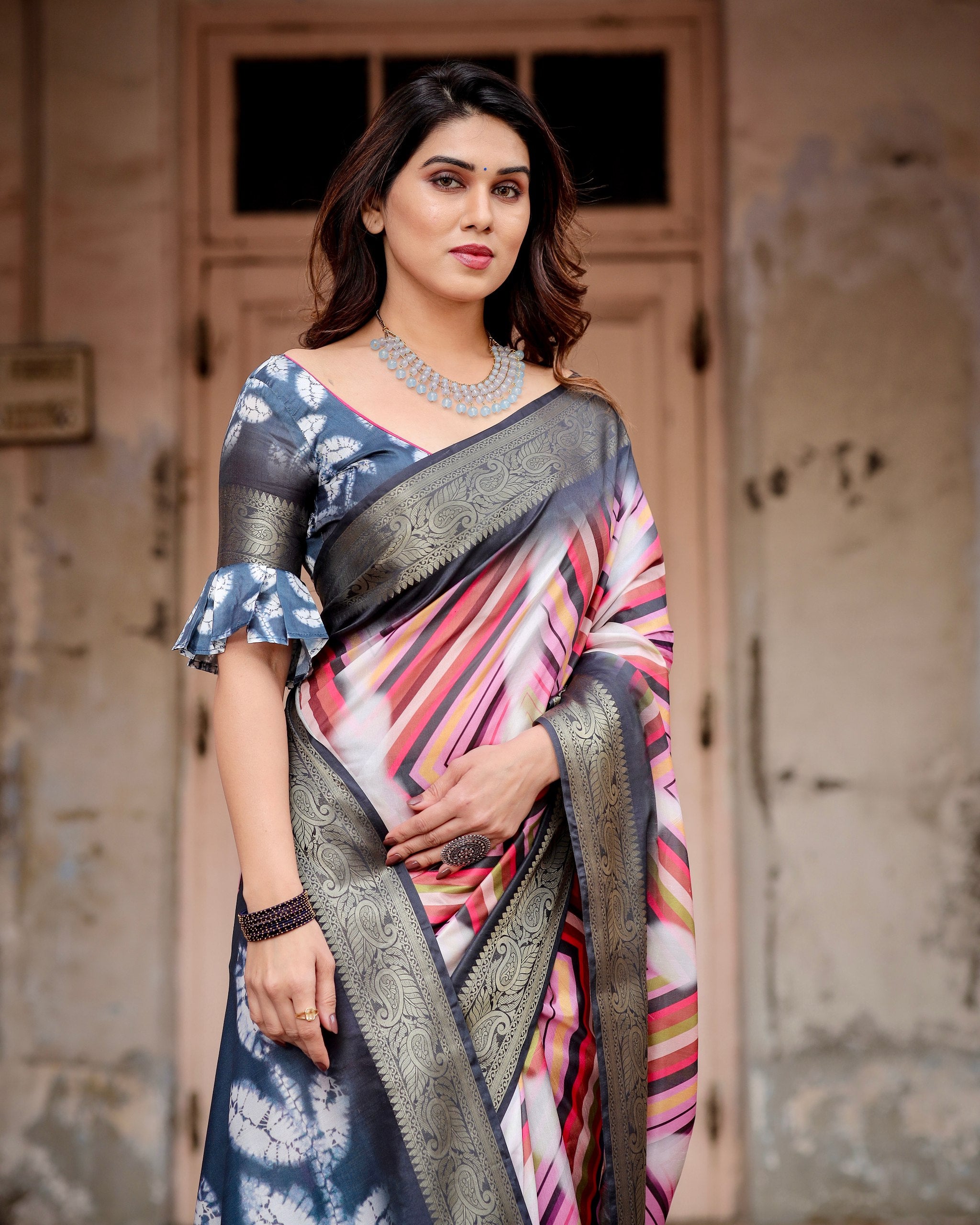 Pure Silk Digital Printed Saree with Brocade Blouse Colorful Saree