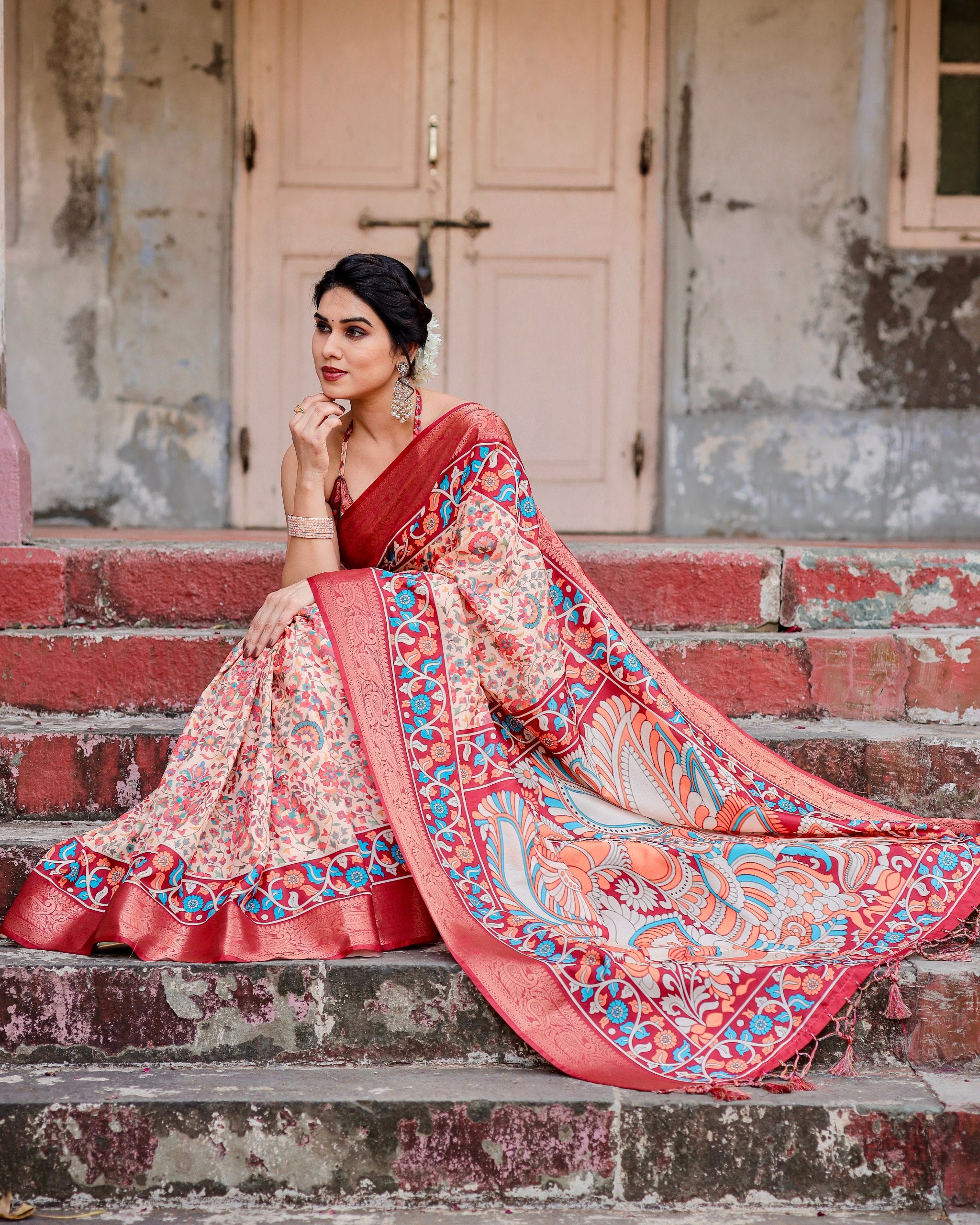 Pure Silk Digital Printed Saree with Brocade Blouse Colorful Saree