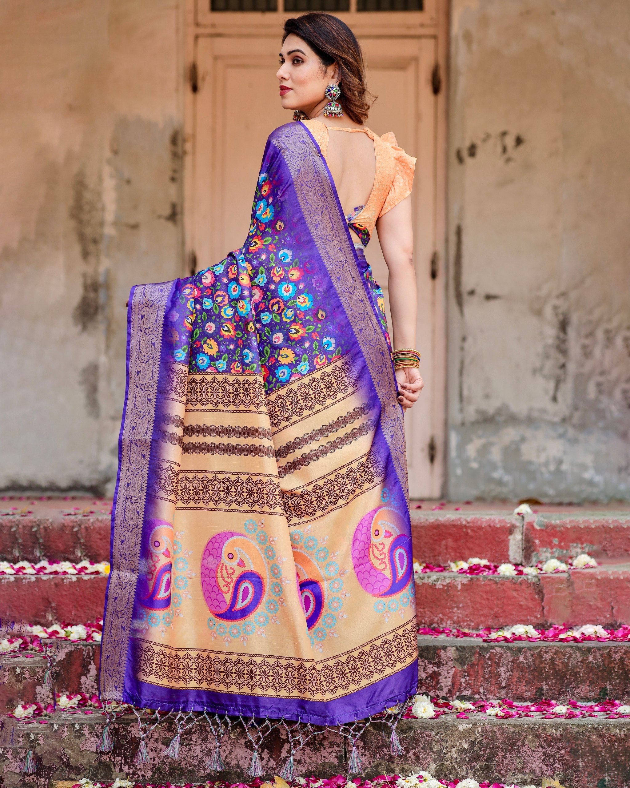 Pure Silk Digital Printed Saree with Brocade Blouse Colorful Saree