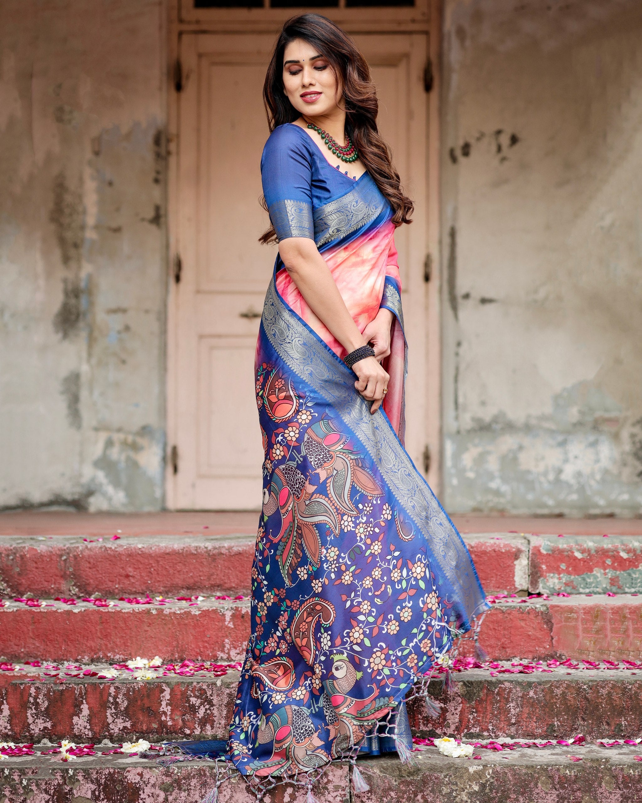 Pure Silk Digital Printed Saree with Brocade Blouse Colorful Saree