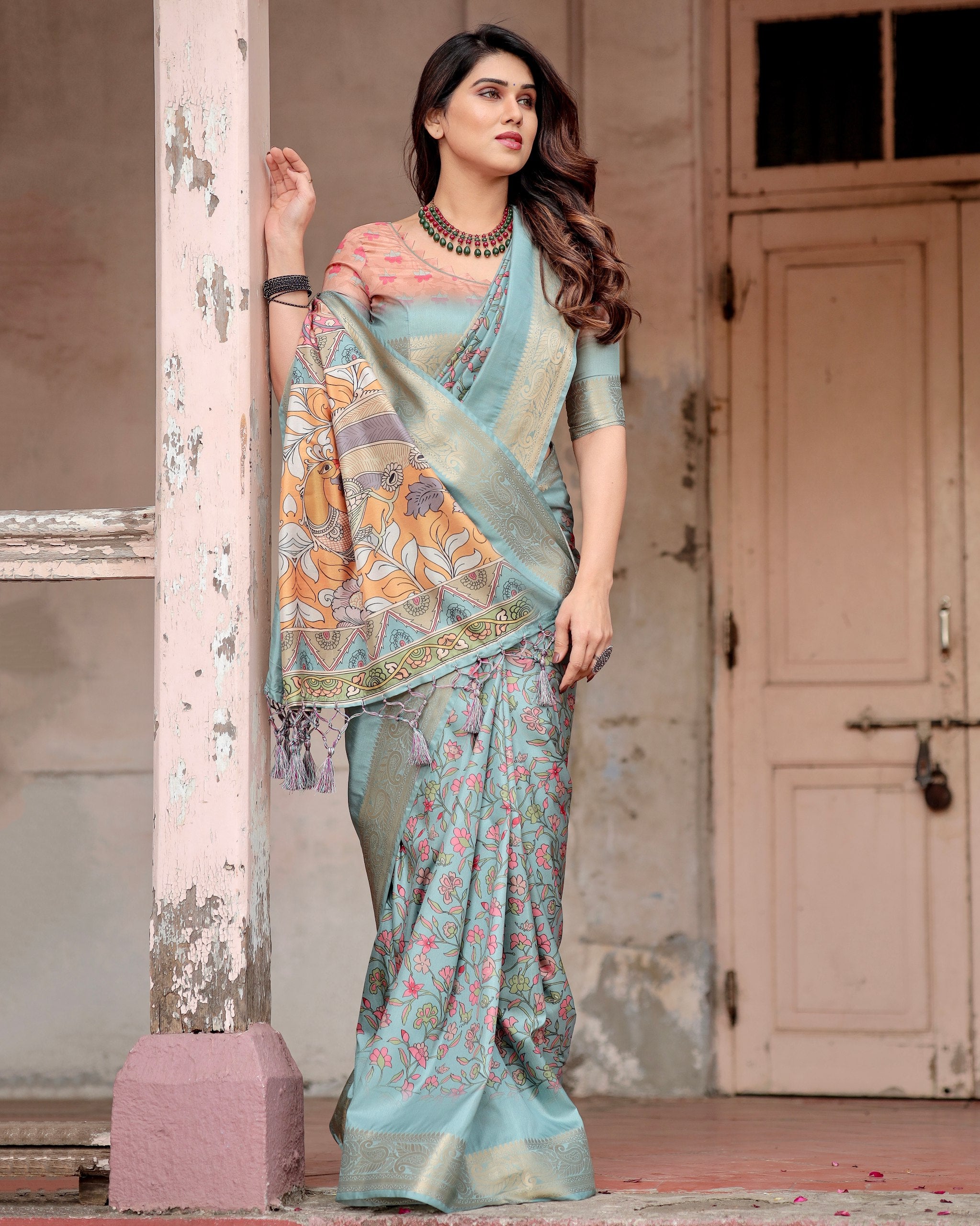 Pure Silk Digital Printed Saree with Brocade Blouse Colorful Saree