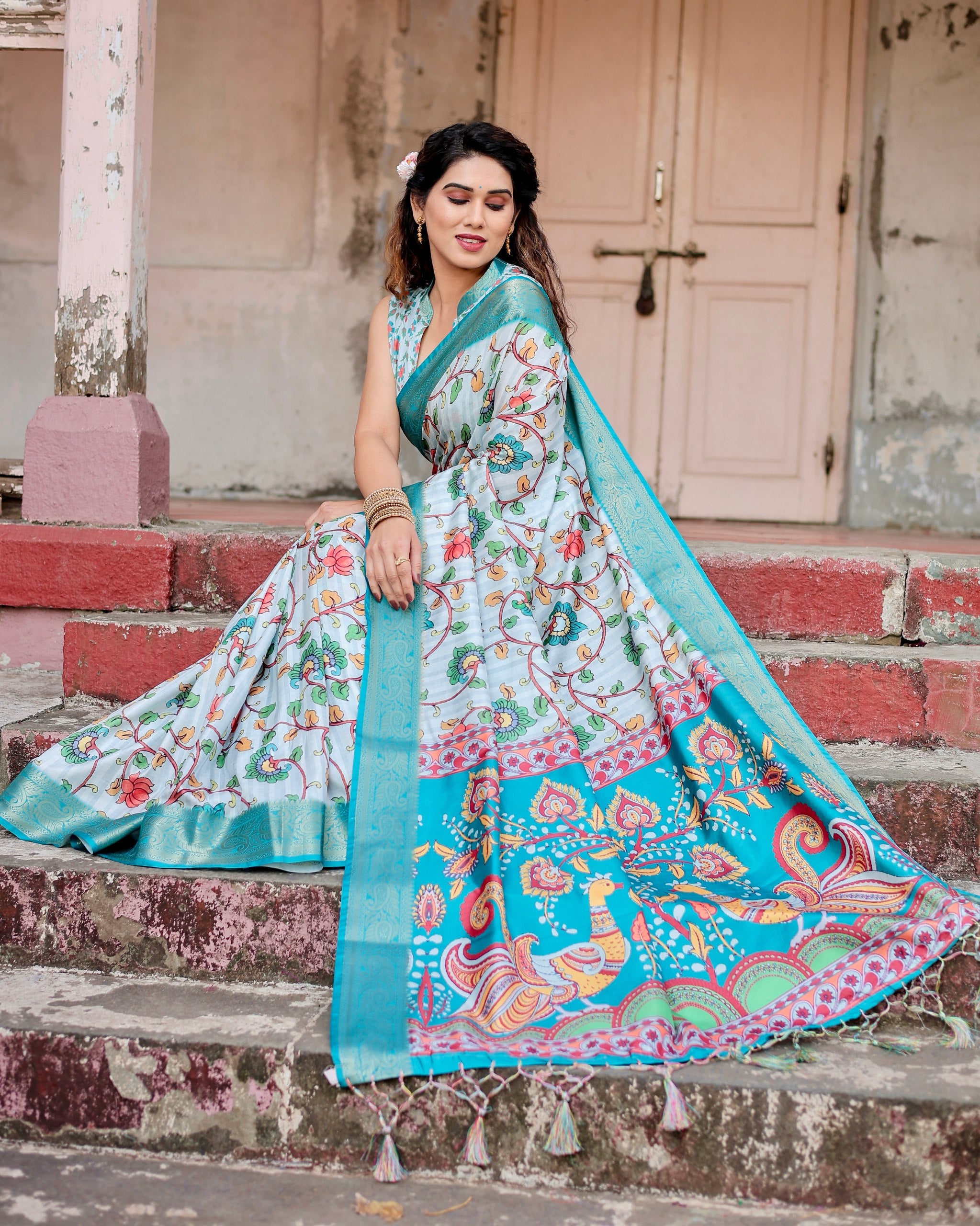 Pure Silk Digital Printed Saree with Brocade Blouse Colorful Saree