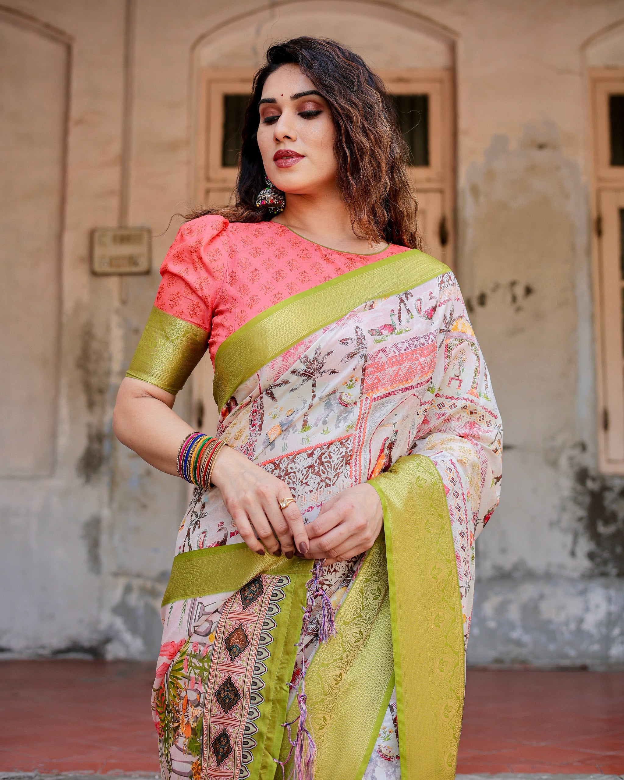 Pure Silk Digital Printed Saree with Brocade Blouse Colorful Saree