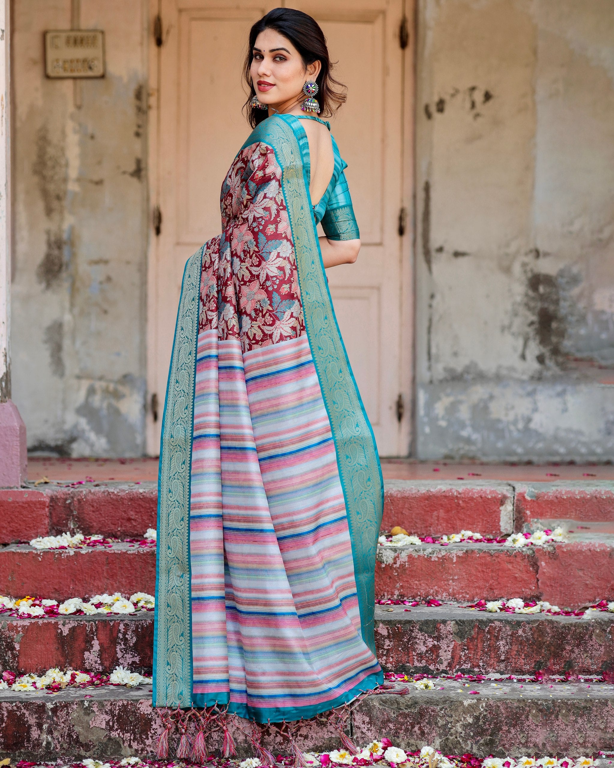 Pure Silk Digital Printed Saree with Brocade Blouse Colorful Saree