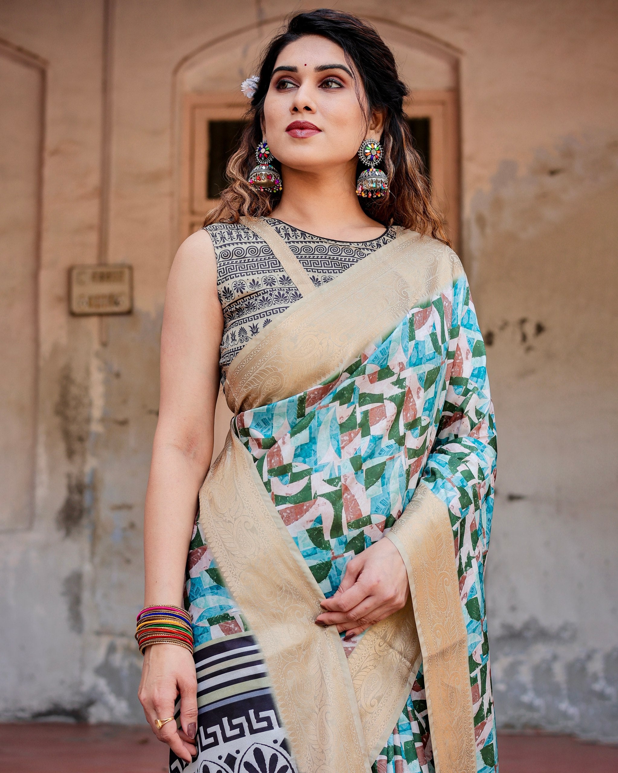 Pure Silk Digital Printed Saree with Brocade Blouse Colorful Saree