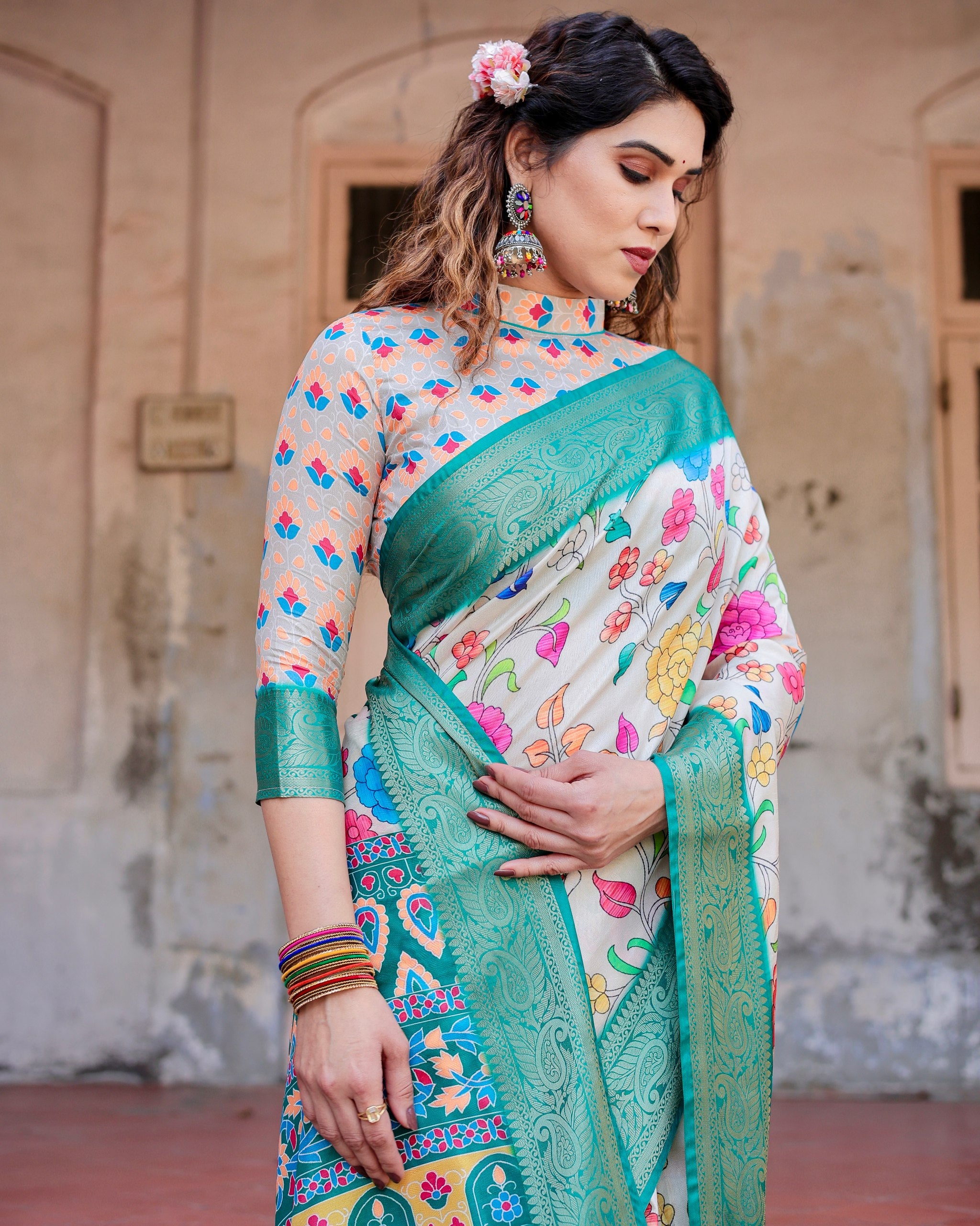 Pure Silk Digital Printed Saree with Brocade Blouse Colorful Saree