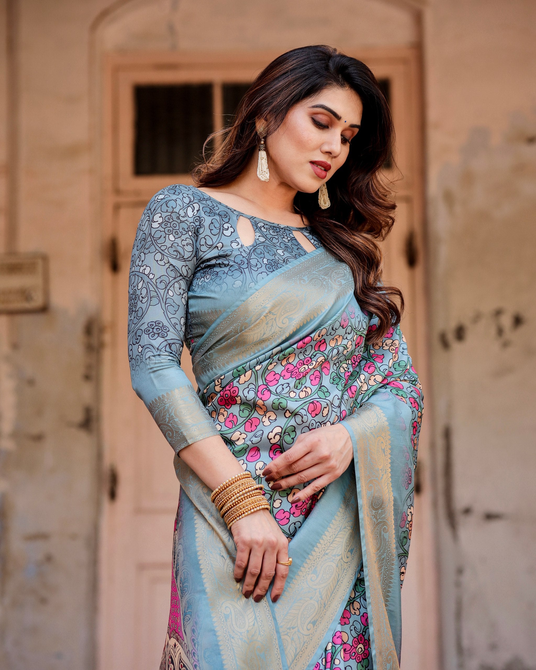 Pure Silk Digital Printed Saree with Brocade Blouse Colorful Saree