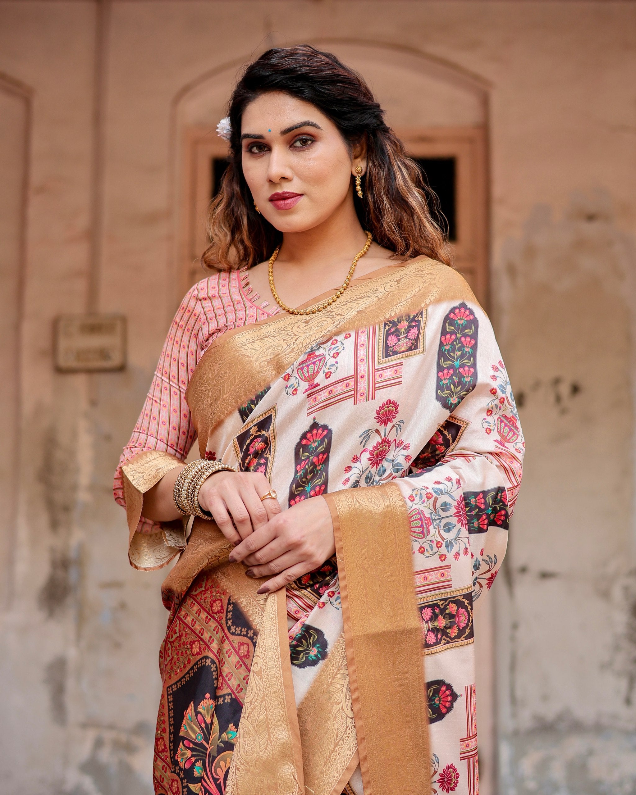 Pure Silk Digital Printed Saree with Brocade Blouse Colorful Saree