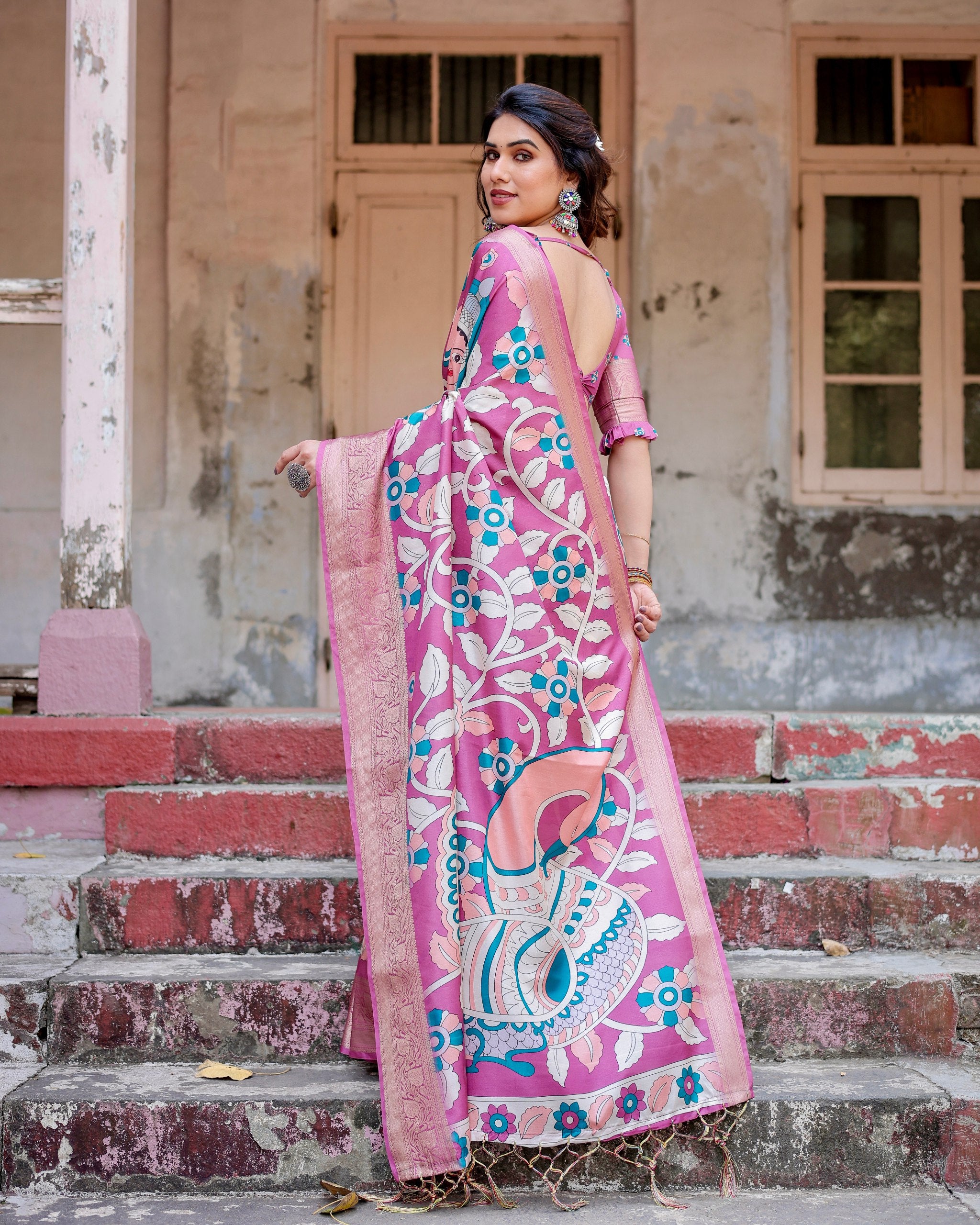 Pure Silk Digital Printed Saree with Brocade Blouse and Enchanting Tassels Colorful Saree