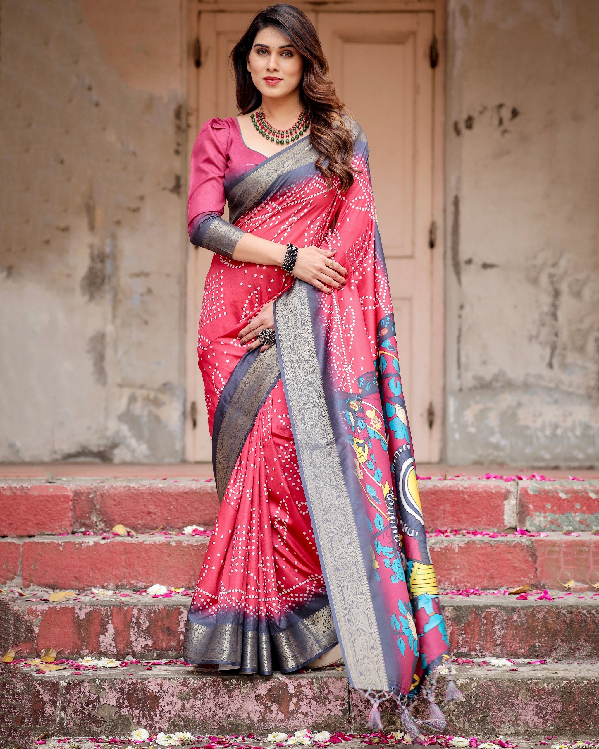 Pure Silk Digital Printed Saree with Brocade Blouse Colorful Saree