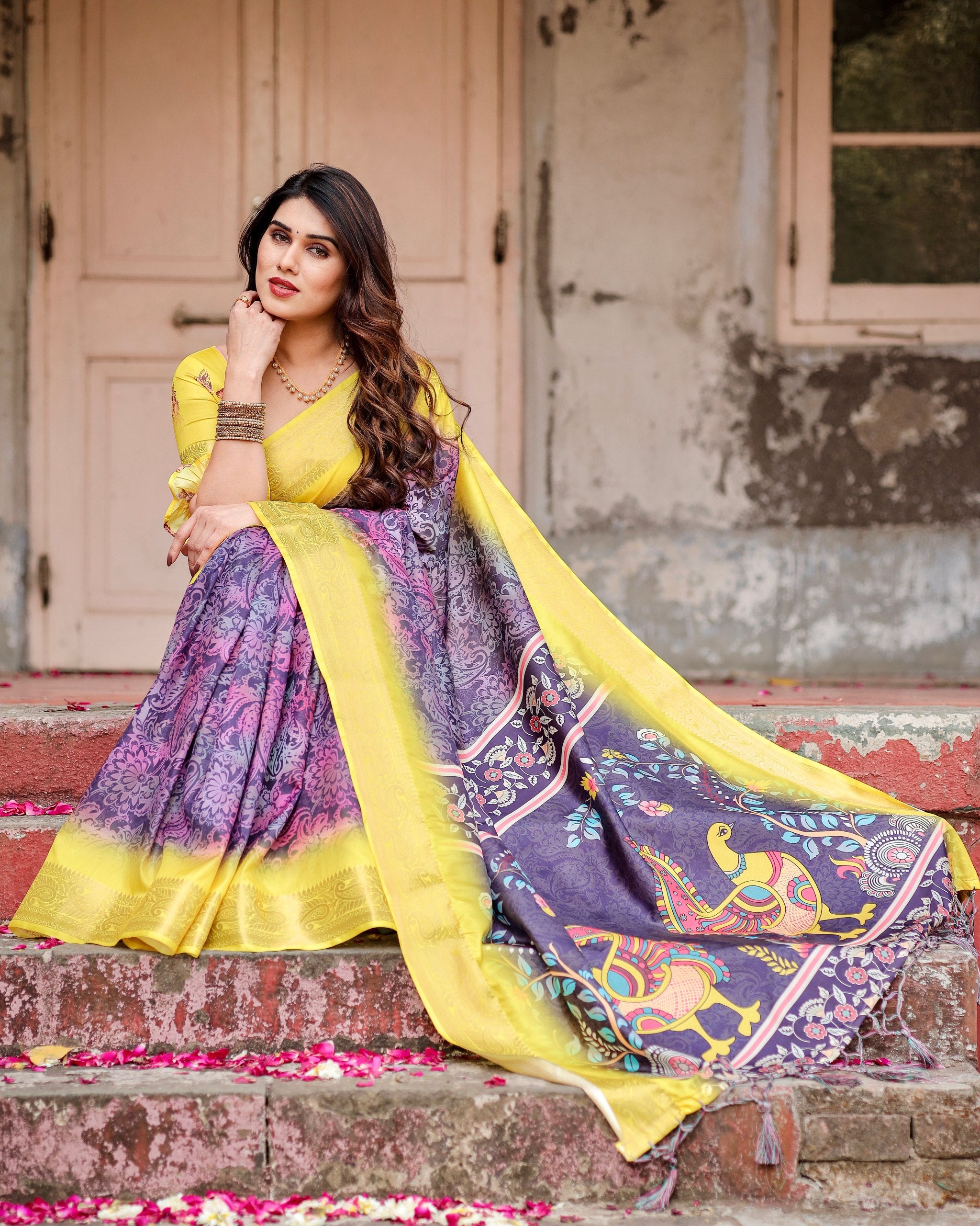 Pure Silk Digital Printed Saree with Brocade Blouse Colorful Saree