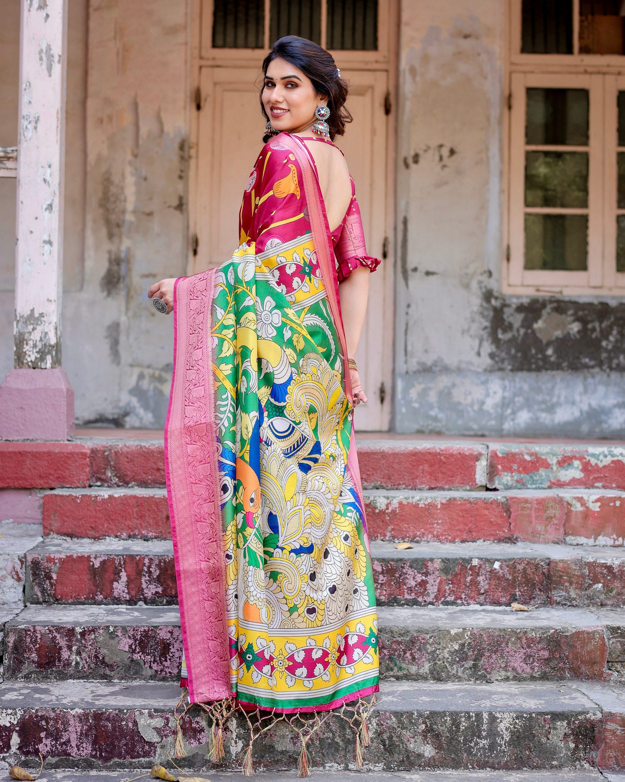 Pure Silk Digital Printed Saree with Brocade Blouse Colorful Saree