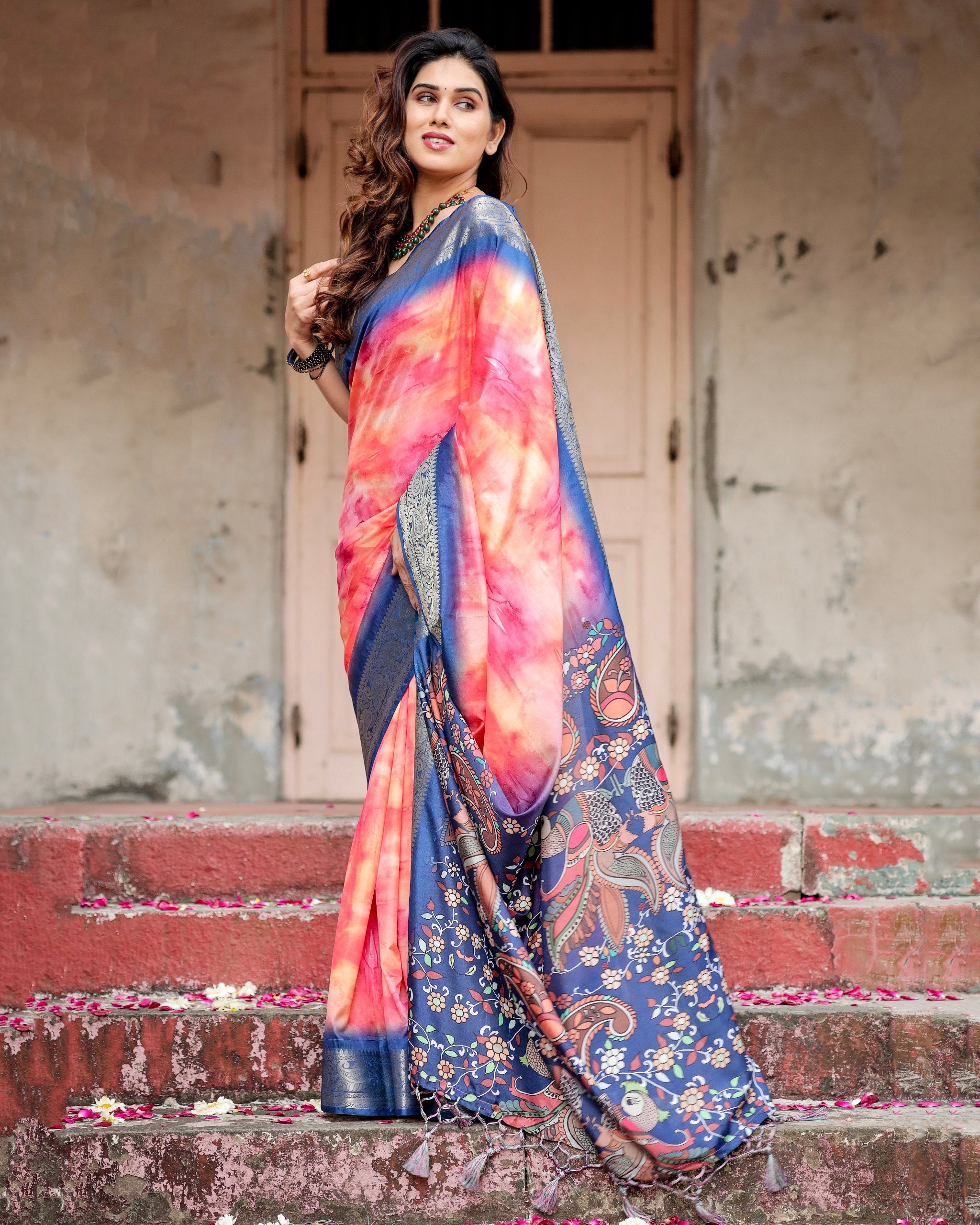 Pure Silk Digital Printed Saree with Brocade Blouse Colorful Saree