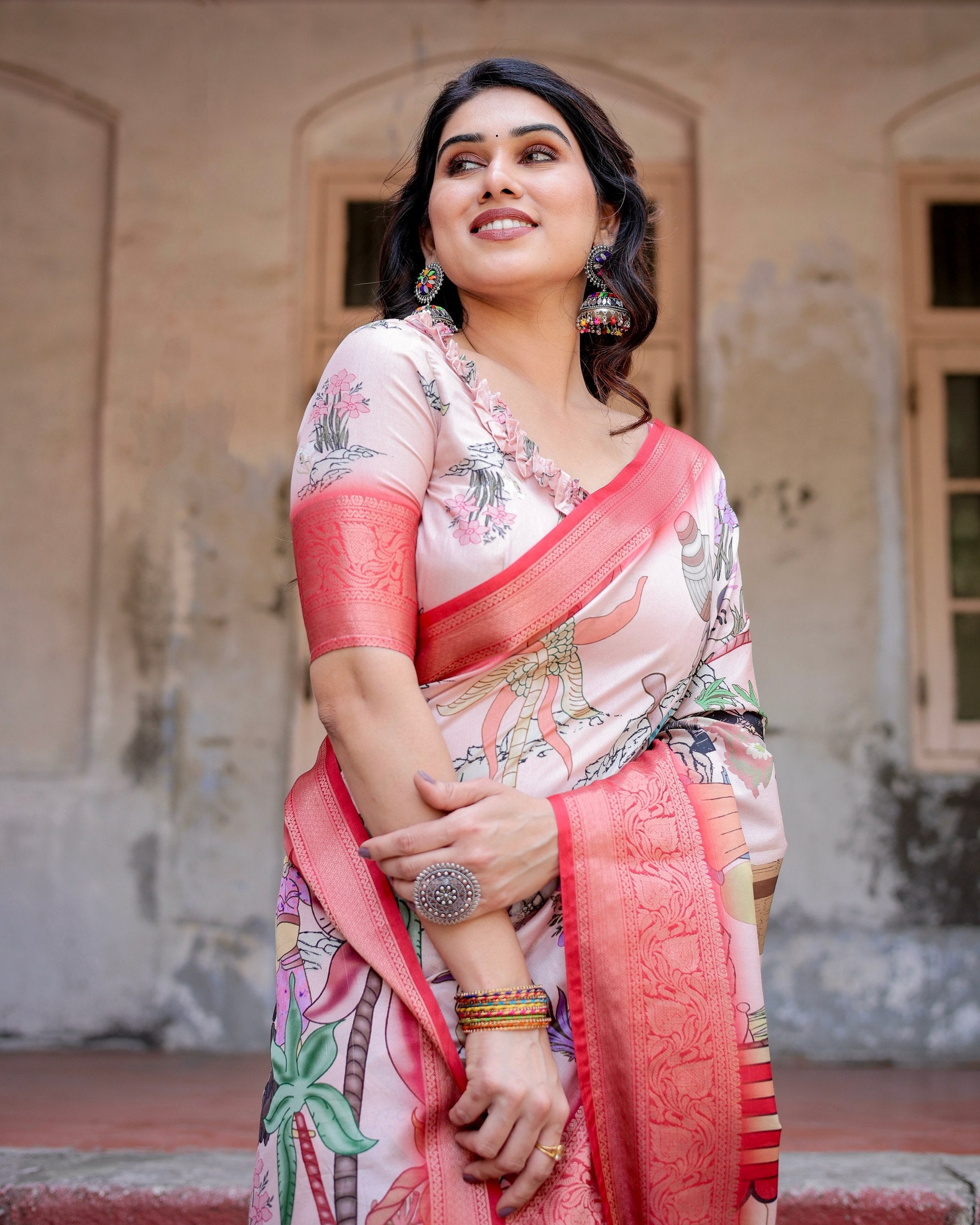 Pure Silk Digital Printed Saree with Brocade Blouse Colorful Saree